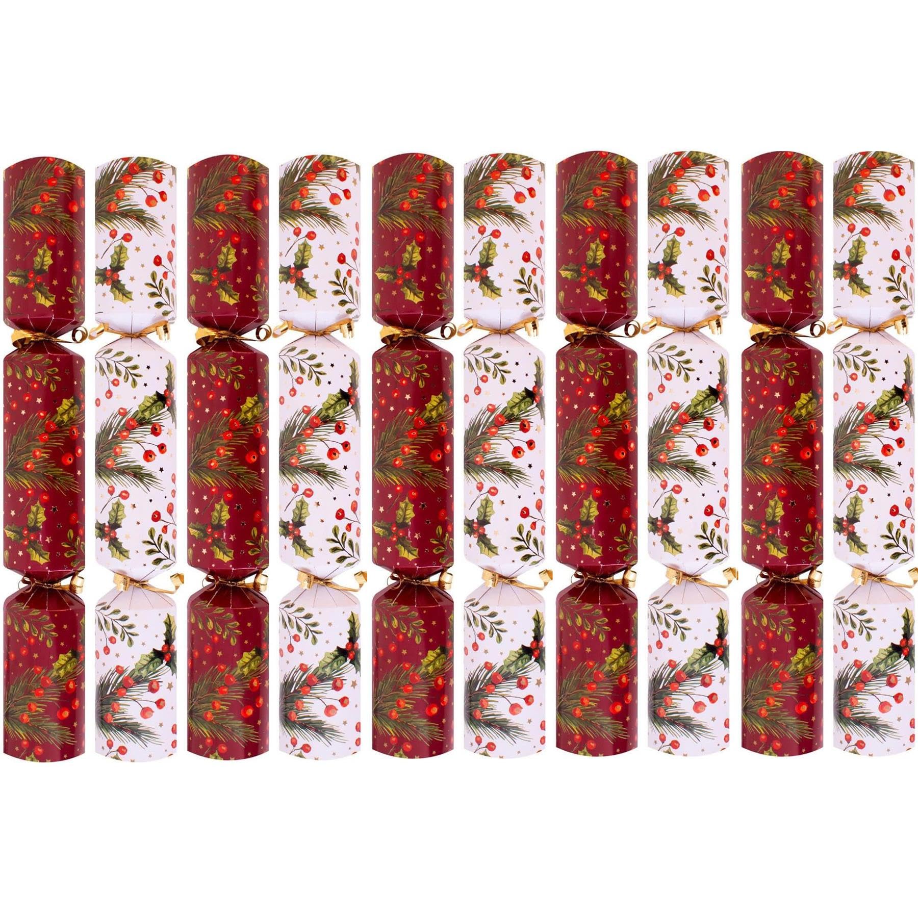 Yöl Hollyberry 10 Christmas Crackers - Deluxe Luxury Red Burgundy White Gold Design, Xmas Dinner Party Celebration Recyclable