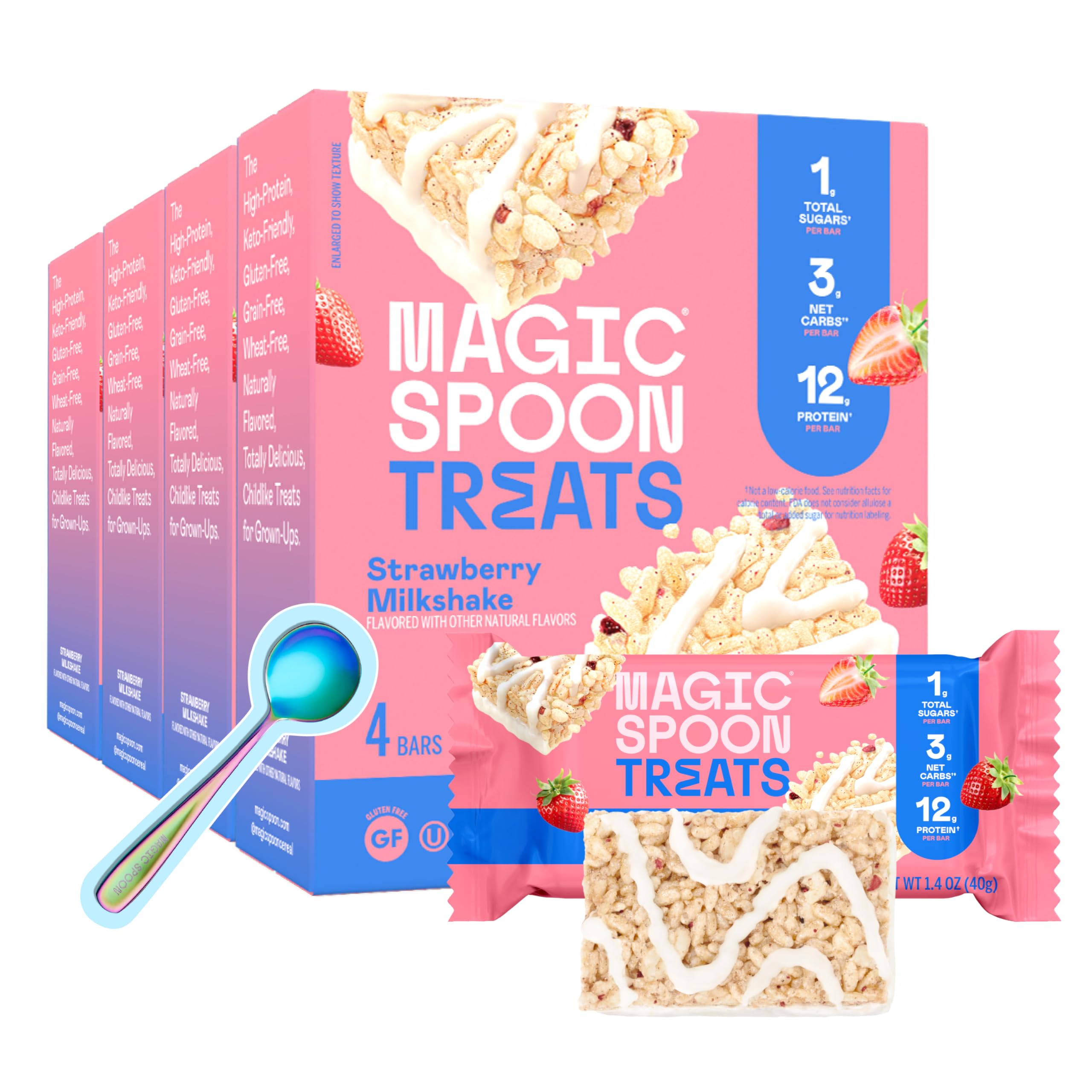 MAGIC SPOON Treats - High Protein, Low Carb, Keto Friendly, 1g of Sugar, Gluten Free, Crispy Treat Cereal Bar, On-The-Go Healthy Snack (Strawberry Milkshake, 8 Bars)