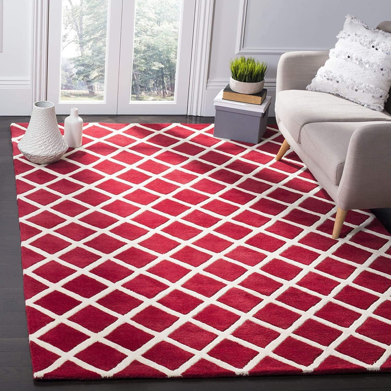 RIDA HANDLOOMHand Tufted Geometric New Zealand Wool Modern Area Rug Carpet for Living Room, Bedroom, Dining Room and Hall (3 x 5 Feet, Red)