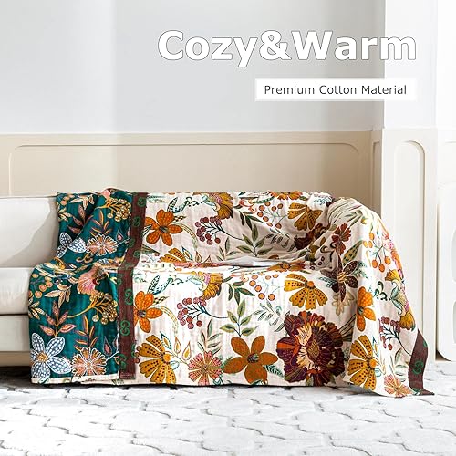 Miniatura 4 de Manta bohemia para cama, 100 % algodón, ultra suave, rústica, manta de cama con estampado floral, 90 x 98 pulgadas, para todas las estaciones, para