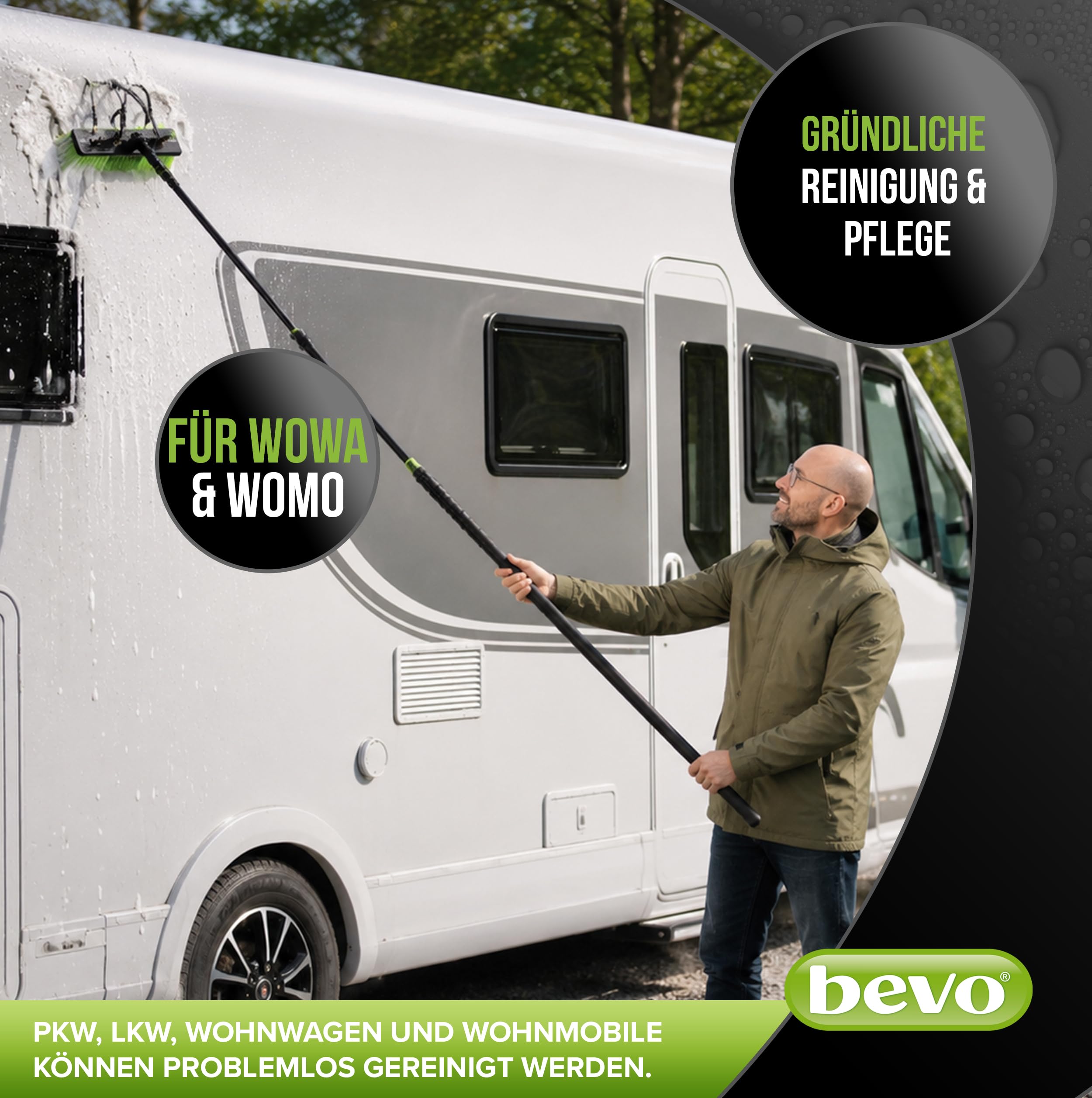 bevo - 4in1 Teleskop Waschbürste 7,2 M für Photovoltaik, Fenster, Wohnmobil & Dach-Reinigung - Teleskopstange & Teleskopbürste Reinigungs-Set mit Wasseranschluss, Reinigungs-Bürste & Wischer PV Anlage