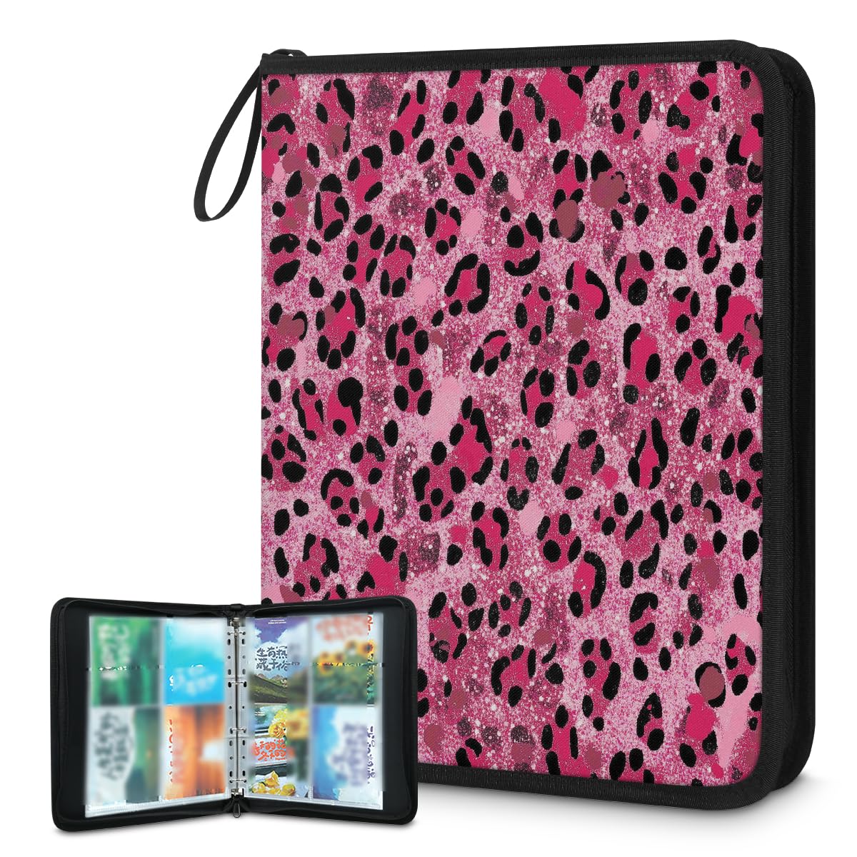 Classeur 4 pochettes rose pailleté 400 cartes album de rangement à fermeture