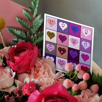 Greeting Cards - Pink happy heart squares pattern - purple and pinks smiling face hearts - cute kawaii cartoon love - 12 Pack - Romance and Love Collection