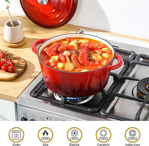 Miniatura 6 de Velaze Olla holandesa de 7.5 cuartos de galón con tapa, horno holandés de hierro fundido esmaltado con doble asa para hornear pan de masa madre,