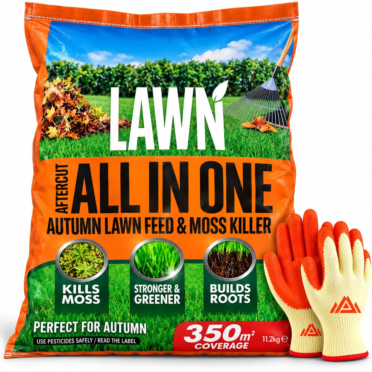 PERFECTONISH Aftercut All In One Autumn Lawn Feed & Moss Killer 350m² with Gloves | Autumn Lawn Fertiliser for Grass Growth, Moss Control & Greener Lawn Care