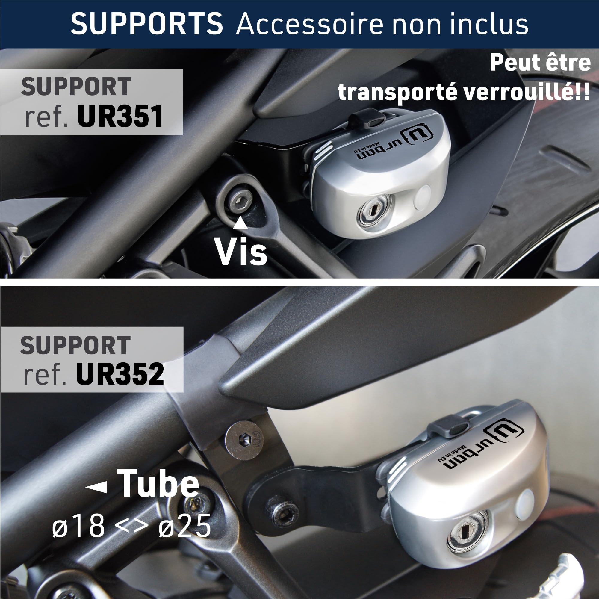 URBAN UR22 Antivol Bloque Disque avec Alarme + Avertissement 120dBA, 6 mm, fabriqué dans l'UE, Universel pour Vélo, Moto, Scooter, Acier INOX, métallique