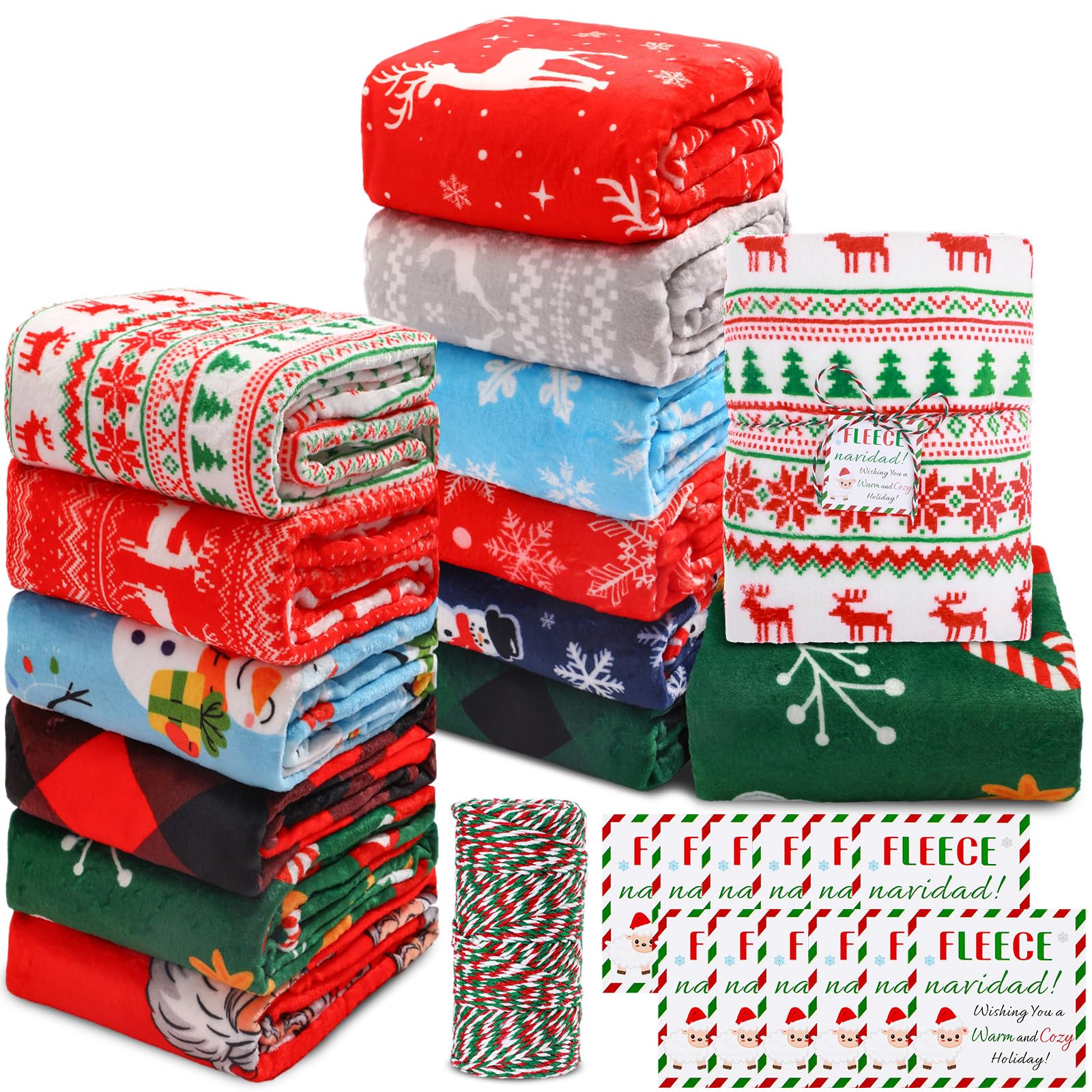 12 Pcs Christmas Throw Blankets Bulk 50 x 60 Inch 230 GSM Soft Fleece Blanket Tags, Holiday Flannel Blanket for Winter Bedding Couch Office Wedding Gifts Travel