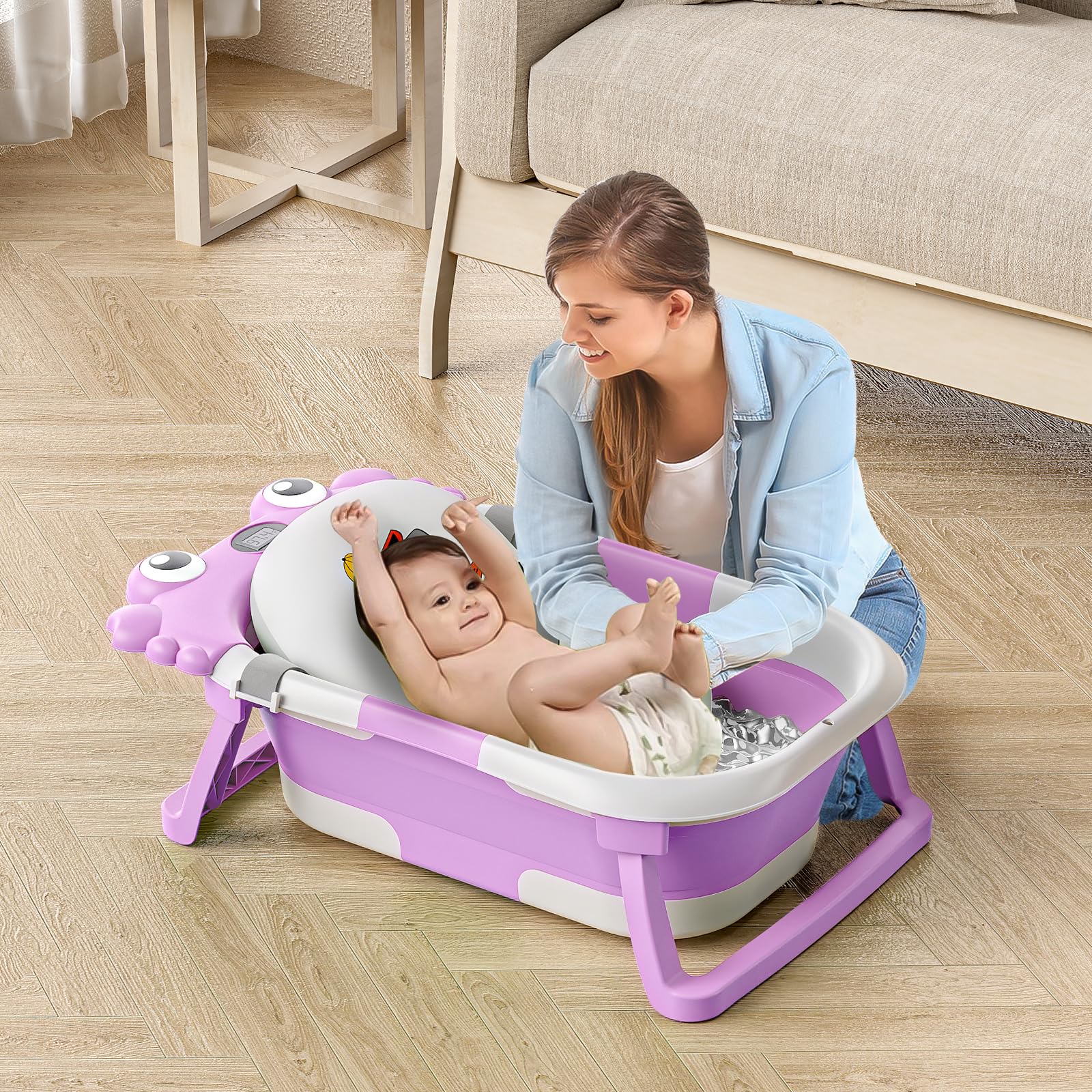 Bañera plegable para bebés y niños pequeños con monitor de temperatura en tiempo real + cojín flotante, juego de bañera plegable para bebés de 0 a 36 meses, bañera de viaje portátil para recién
