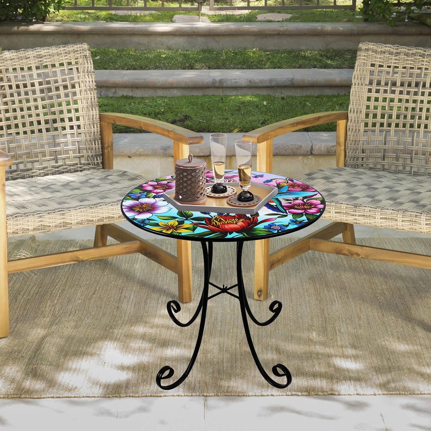 18" Side Table Outdoor, Hummingbird Metal Accent Table, Indoor Small Round End Tables, Plant Stand Tables for Patio Yard Balcony Garden Bedside