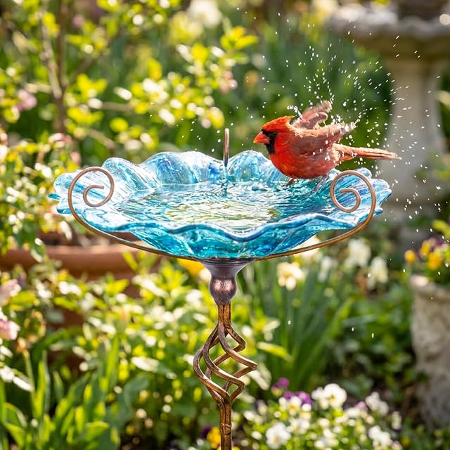 Foto 2 de 8 de MUMTOP Baño de pájaros para jardín, Cuenco de Cristal con estaca de Metal para decoración de jardín (Azul)