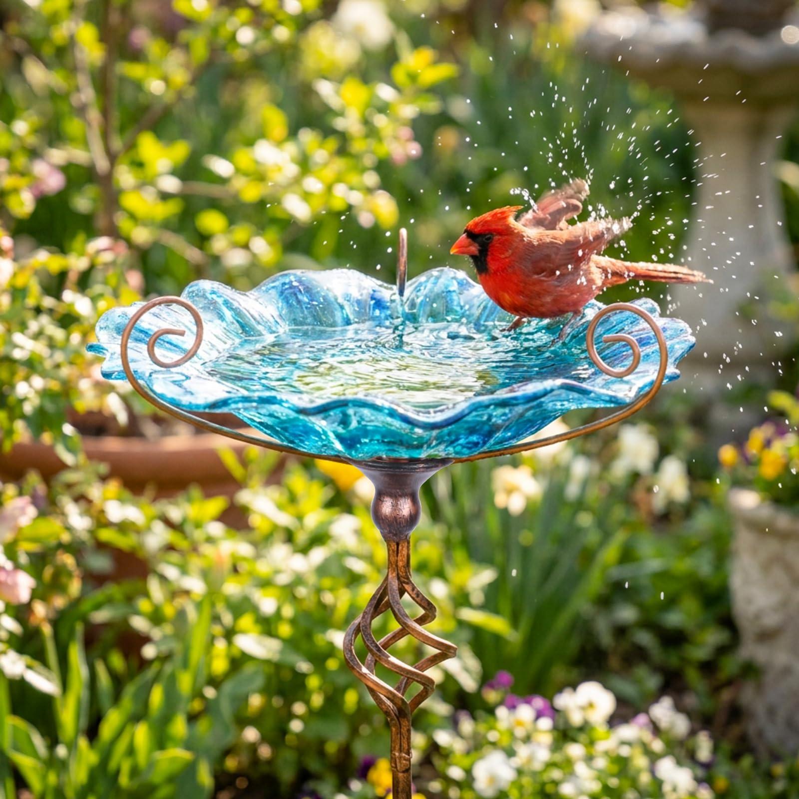 MUMTOP Bain d'oiseaux pour extérieur, Bain d'oiseaux en Verre avec Piquet pour décoration de Jardin et Cour (Bleu)