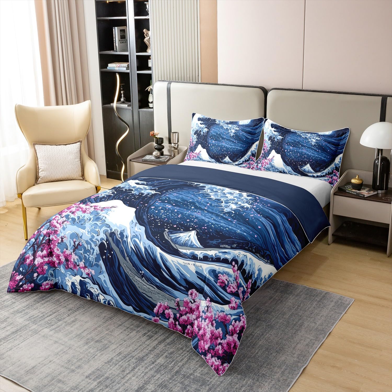 Manfei japanischer Stil Bettwäsche Set Meer Welle Ukiyoe Bettdecke Kirschblüte Ozean Decke Abdeckung Navy Weiß S Größe 100% Baumwolle, 1 Kissenbezug