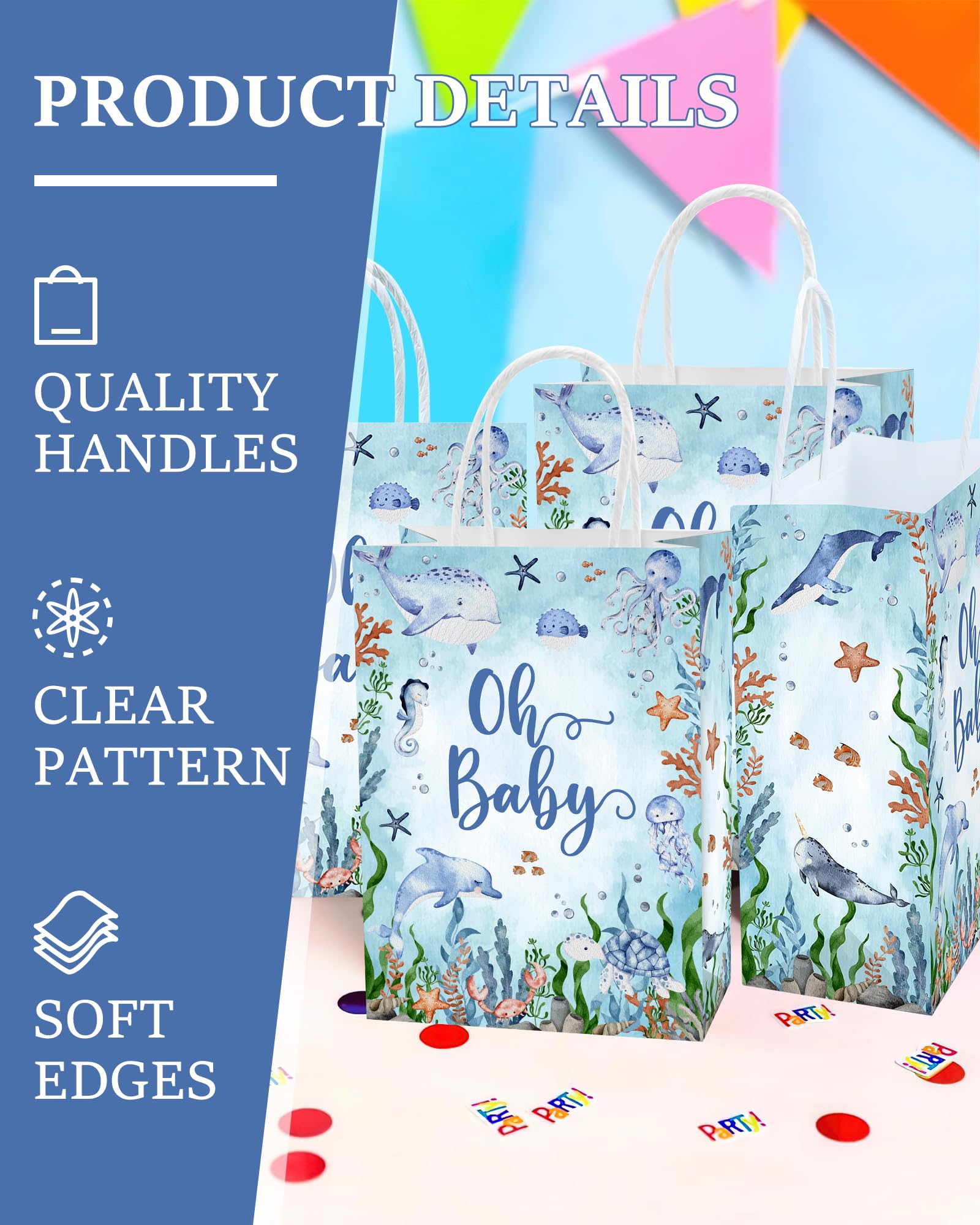 16Pcs Under the Sea Baby Shower Favor Bags - Party Favor Gift Snack Goodie Treat Candy Bags for Ocean Theme Baby Shower Decorations Supplies