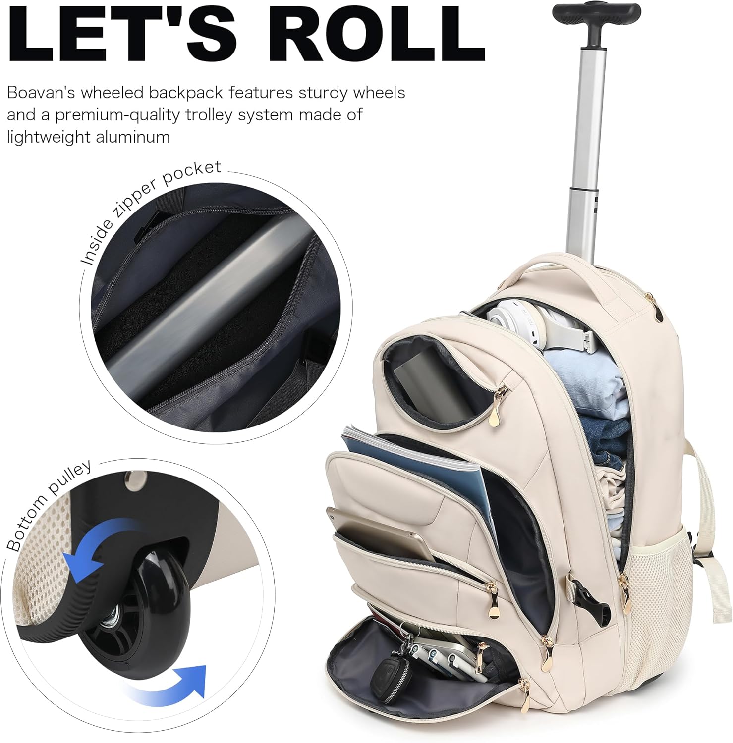 Boavan Rolling Backpack for Women, 17.3 Inch Wheeled Laptop Backpack,Large Travel Carry-On Bag for Teachers College Students, USB Charging Port Waterproof Business for Airplane Overnight Luggage，Beige