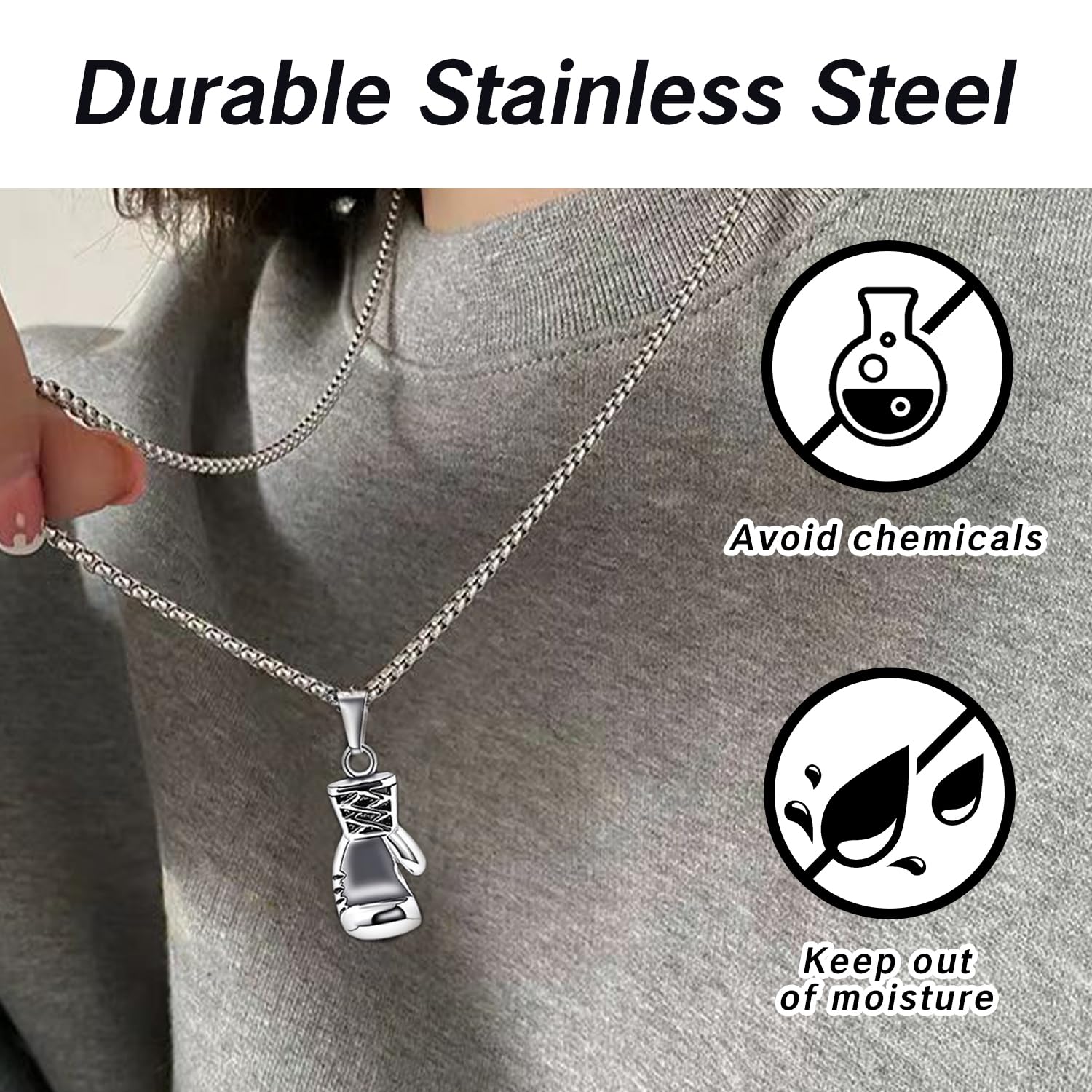 Boxing Necklace for Men Stainless Steel Glove Pendant Gloves Chain Jewelry Charm Boxing Glove Pendant Necklace for Men Punk Style Boxing Glove Chain, Silver