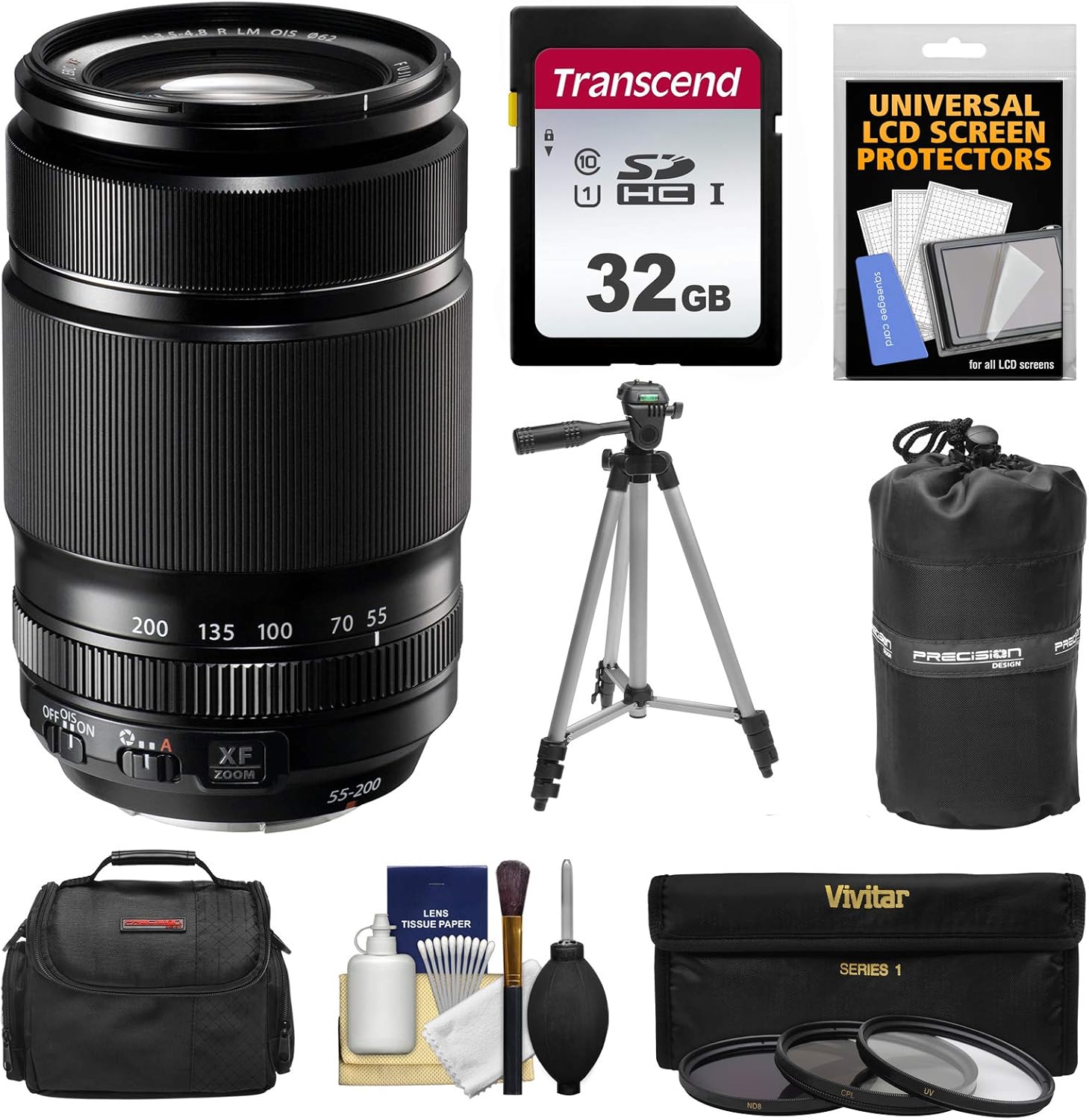 Fujifilm 55-200mm f/3.5-4.8 XF R LM OIS Zoom Lens + 32GB Card + 3 Filters + Case + Tripod Kit for X-A2, X-E2, X-E2s, X-M1, X-T1, X-T10, X-Pro2 Cameras