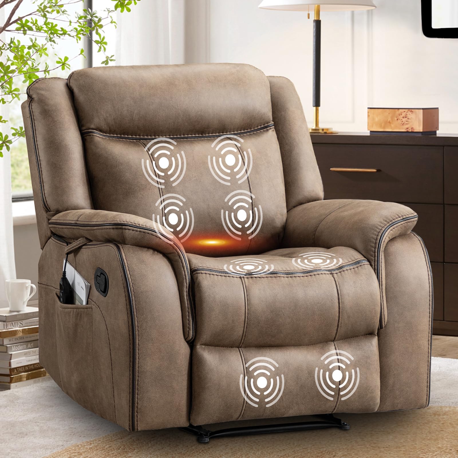 BAMCANFUR Massage Recliner Chair with Heat, Faux Leather Recliner Chairs for Adults, 39" Wide Manual Reclining Ergonomic Lounge Chair, Overstuffed