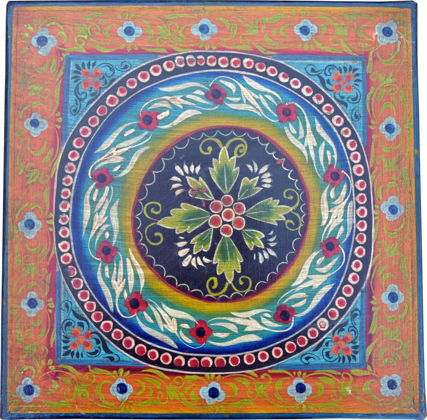 GURU SHOP Kreativer bemalter Kleiner Tisch, Minitisch, Blumenbank, Holz, Ornament blau/gelb