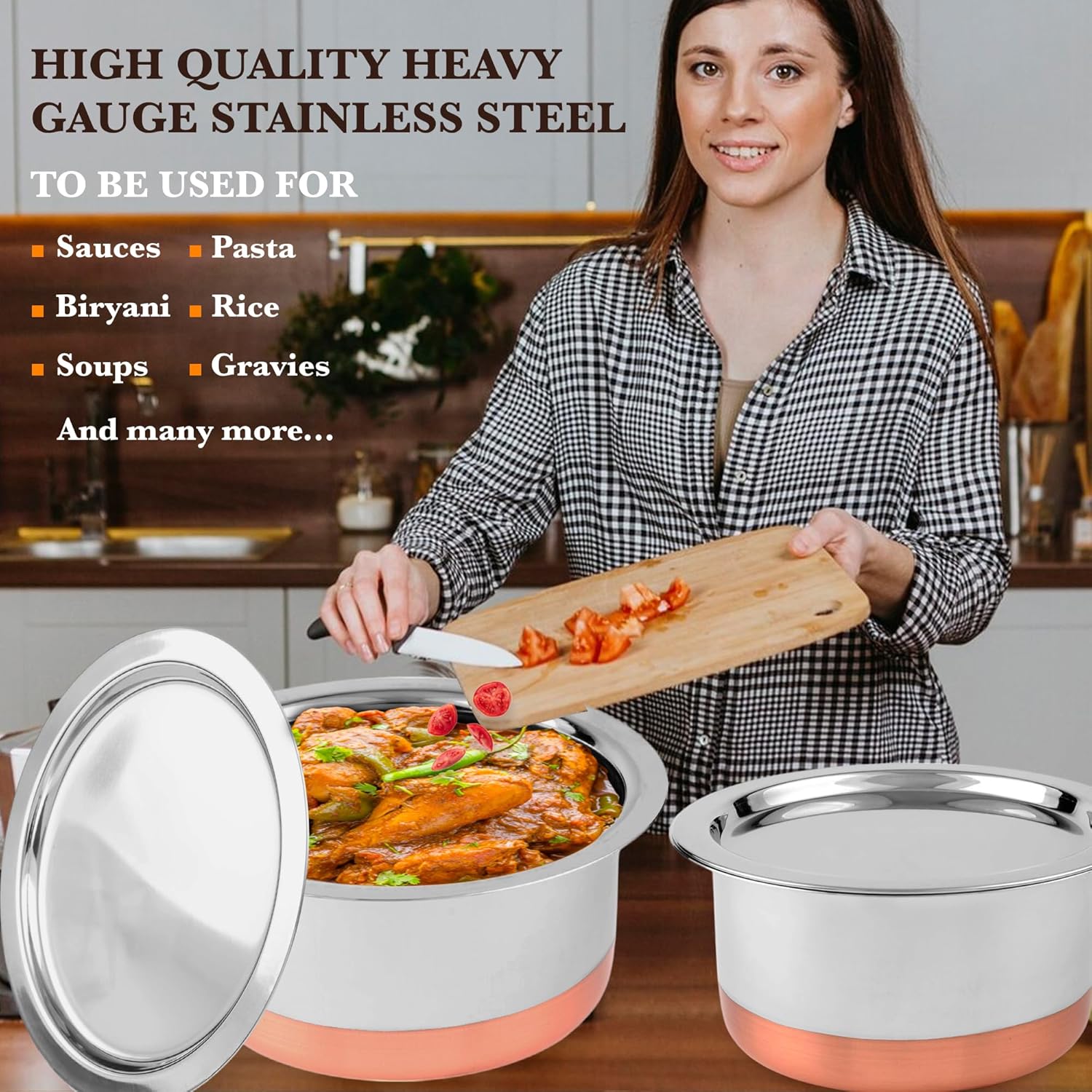 CRAFTONE Stainless Steel Copper bottom Tope Set with Lid, Cookware Set of 3 Pcs Gas Stove Friendly multi purpose Container Pot Set (60 Oz, 47 Oz and 33 Oz)
