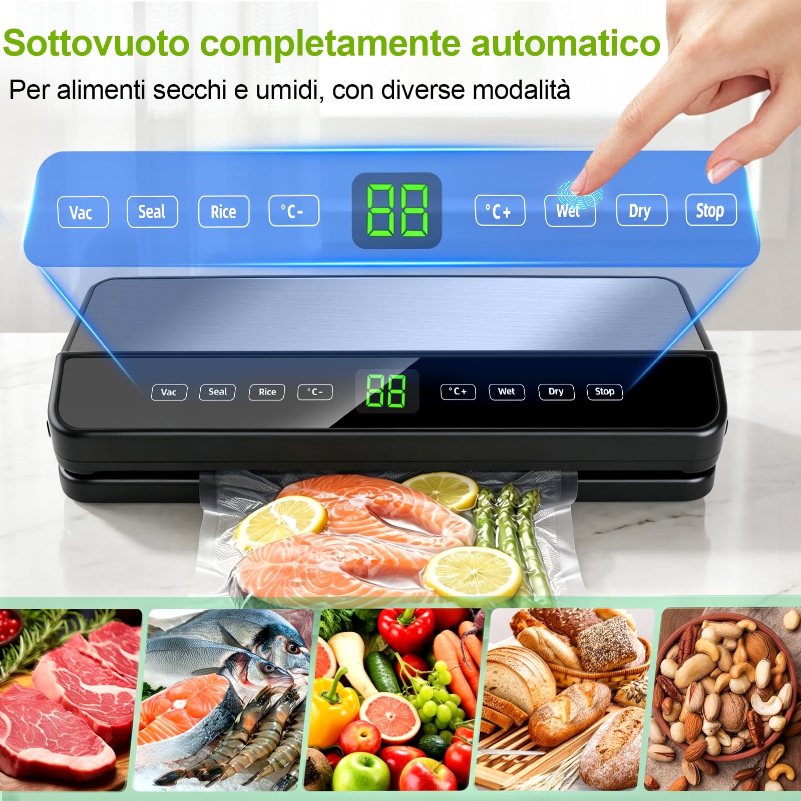 Macchina Sottovuoto Alimenti, Automatica Macchina per sottovuoto a secco/umido, Vacuum Sealer Professionale con taglierina integrata, 20 sacchetti & 1 sacchetto arrotolato e tubo per sottovuoto