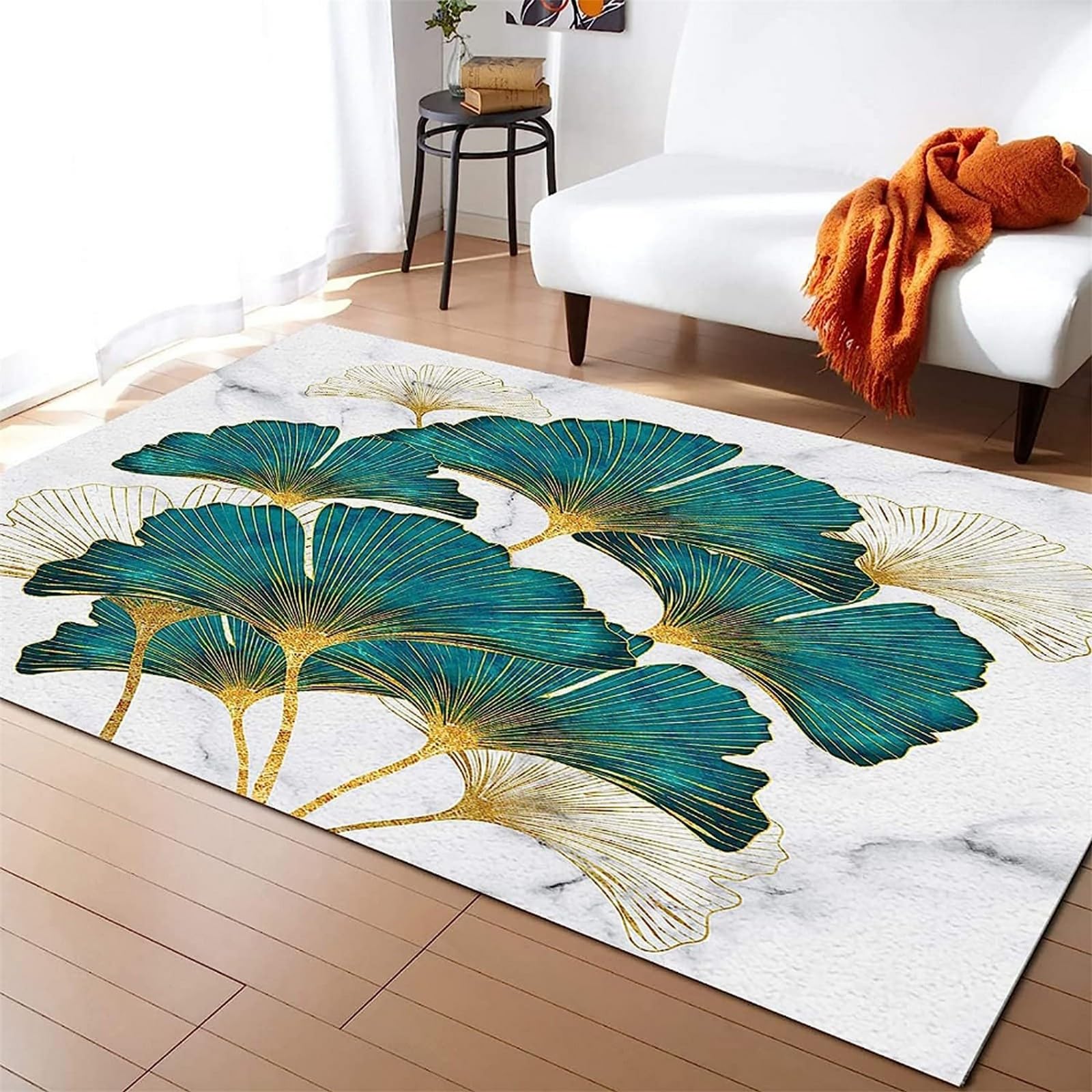 3D Rug Area Rugs For Living Room Kitchen Rugs Non-Slip Machine Washable Medium Pile Carpet Floor Mats Soft Rug Abstract Marble Gold Stripes Dark Green Ginkgo Leaves 120 X 160 Cm / 47.24" X 62.9-2S1C+