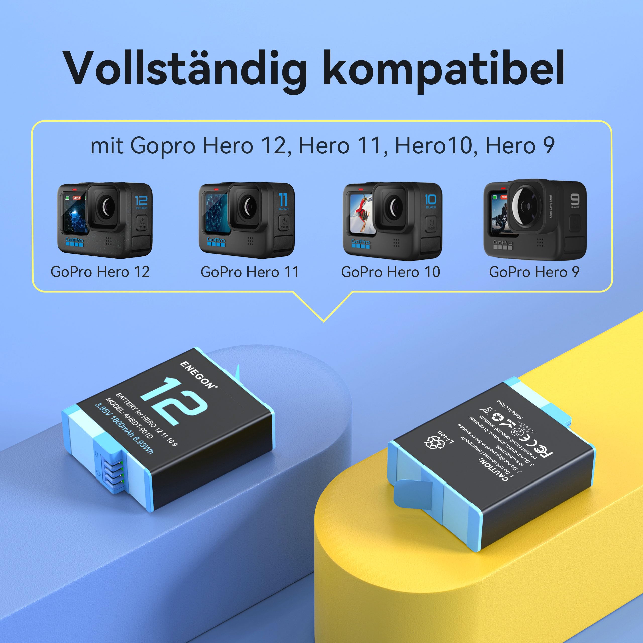 ENEGON Dreifach-Ladegerät Set - 2x 1800mAh Akkus Für GoPro Hero 12/11/10/9 Black