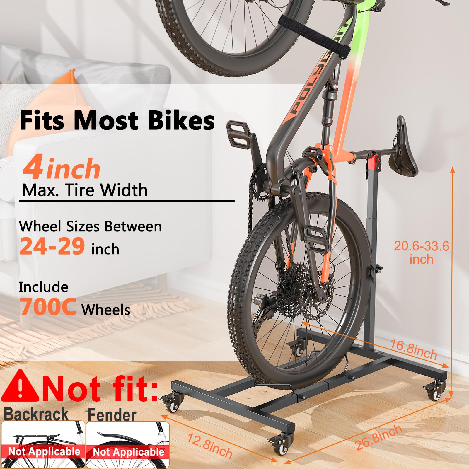 Vertikaler Fahrradständer, freistehend, platzsparend, höhenverstellbar, für Radgrößen bis zu 73,7 cm, Innen-Fahrradaufbewahrung, Garage und Wohnung, aufrechter Fahrrad-Bodenhalter für MTB, Rennrad, 2