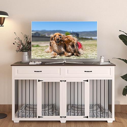 Miniatura 21 de Mueble para perros de madera resistente de 72 pulgadas con cajones y divisor, estilo mueble de interior con habitaciones dobles para perros grandes
