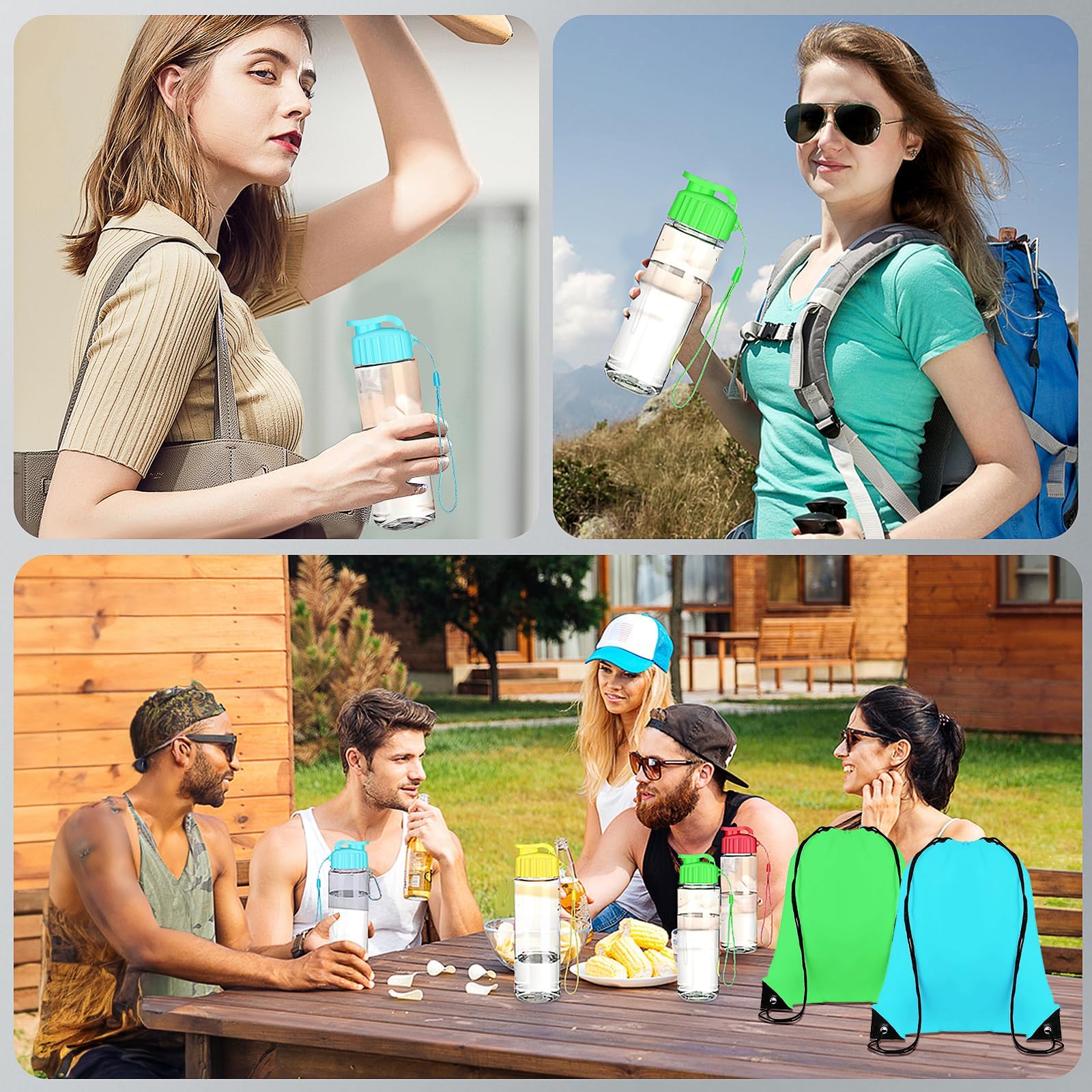 LYCN Set di 40 bottiglie in plastica e sacca da palestra – 500 ml bottiglie sportive con coperchio pieghevole e sacchetto con coulisse, set riutilizzabile per sport, fitness, campeggio, viaggi, feste