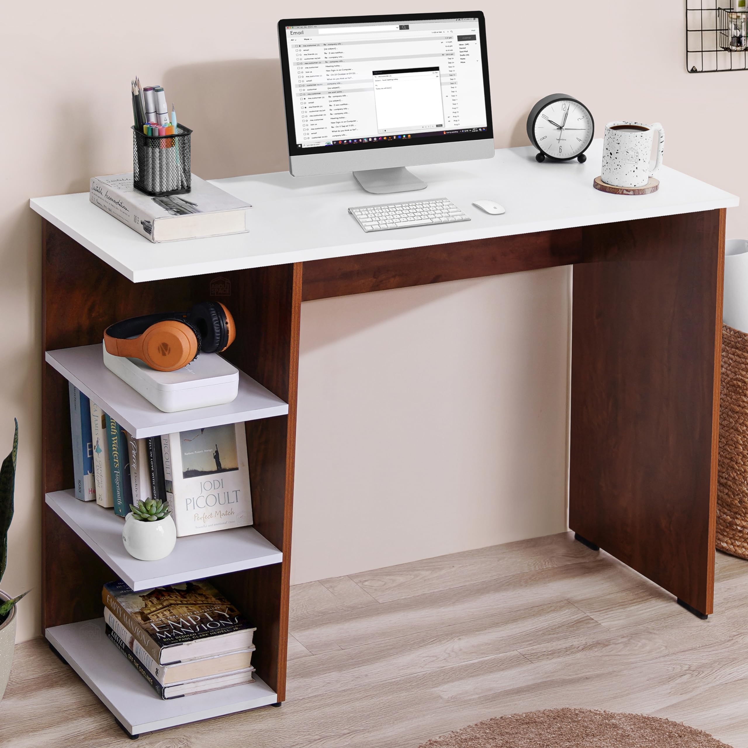 ABOUT SPACE Study Table with 3 Tier Bottom Storage - Modern Tabletop Office Table for PC, Laptop, Writing Computer Table with Open Bookshelf Lower Storage [Oak Red & White-L103 x B40 x H76 cm] (B0D1R8ZY4C) Amazon Price History, Amazon Price Tracker