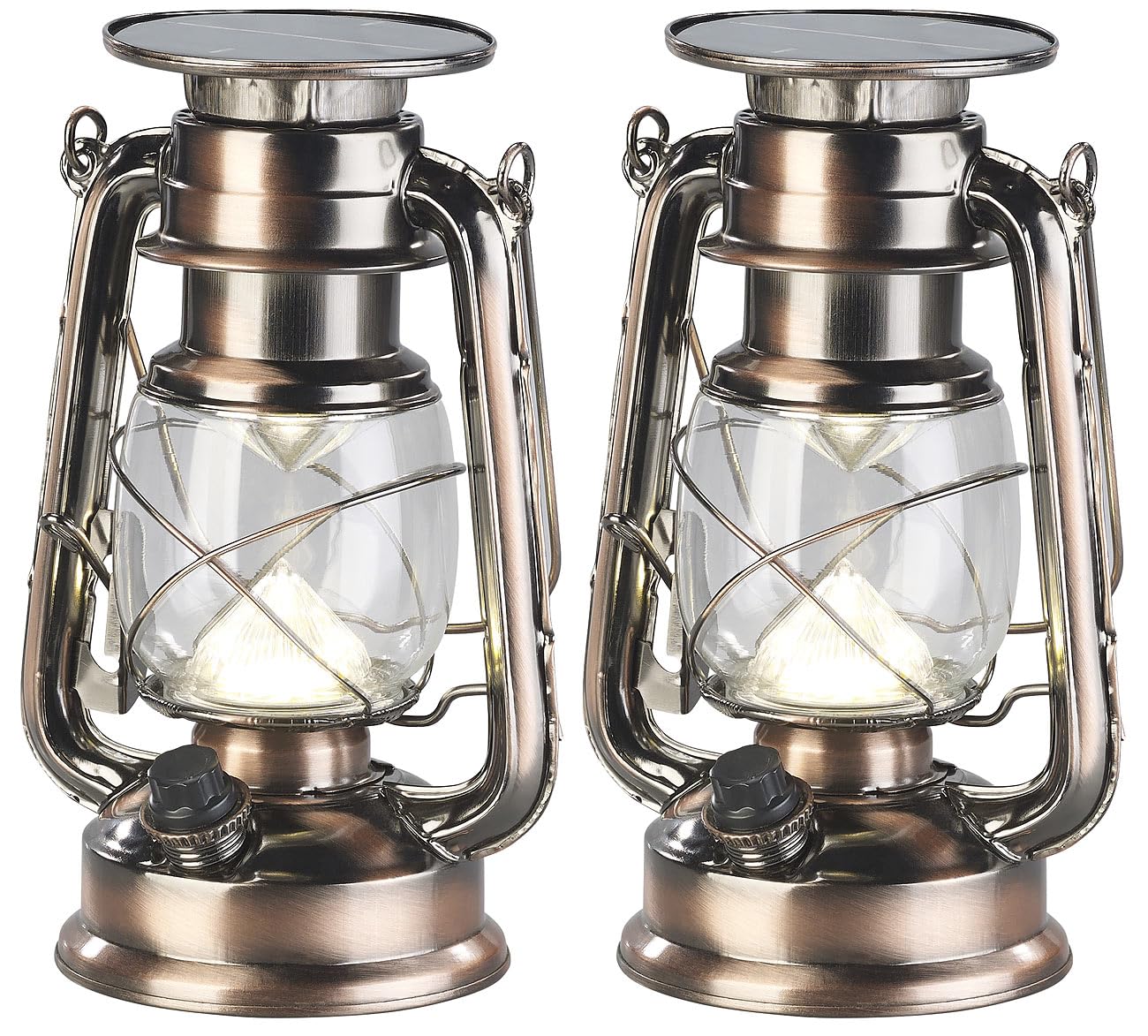 Lunartec Windlicht: 2er-Set helle Solar-LED-Sturmlampe, 200 lm, 3 W, warmweiß, Bronze (Sturmlaterne LED Solar, dimmbare Sturmlampe, Panel)