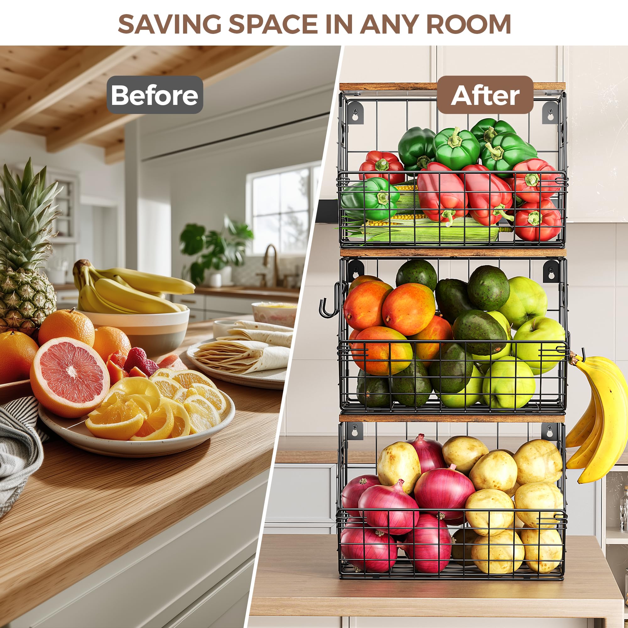 Delamu Cesta de frutas de metal apilable con tapa de madera, paquete de 3, organizador de pared colgante para encimera de cocina, almacenamiento de despensa para cebollas, patatas, garli, frutas