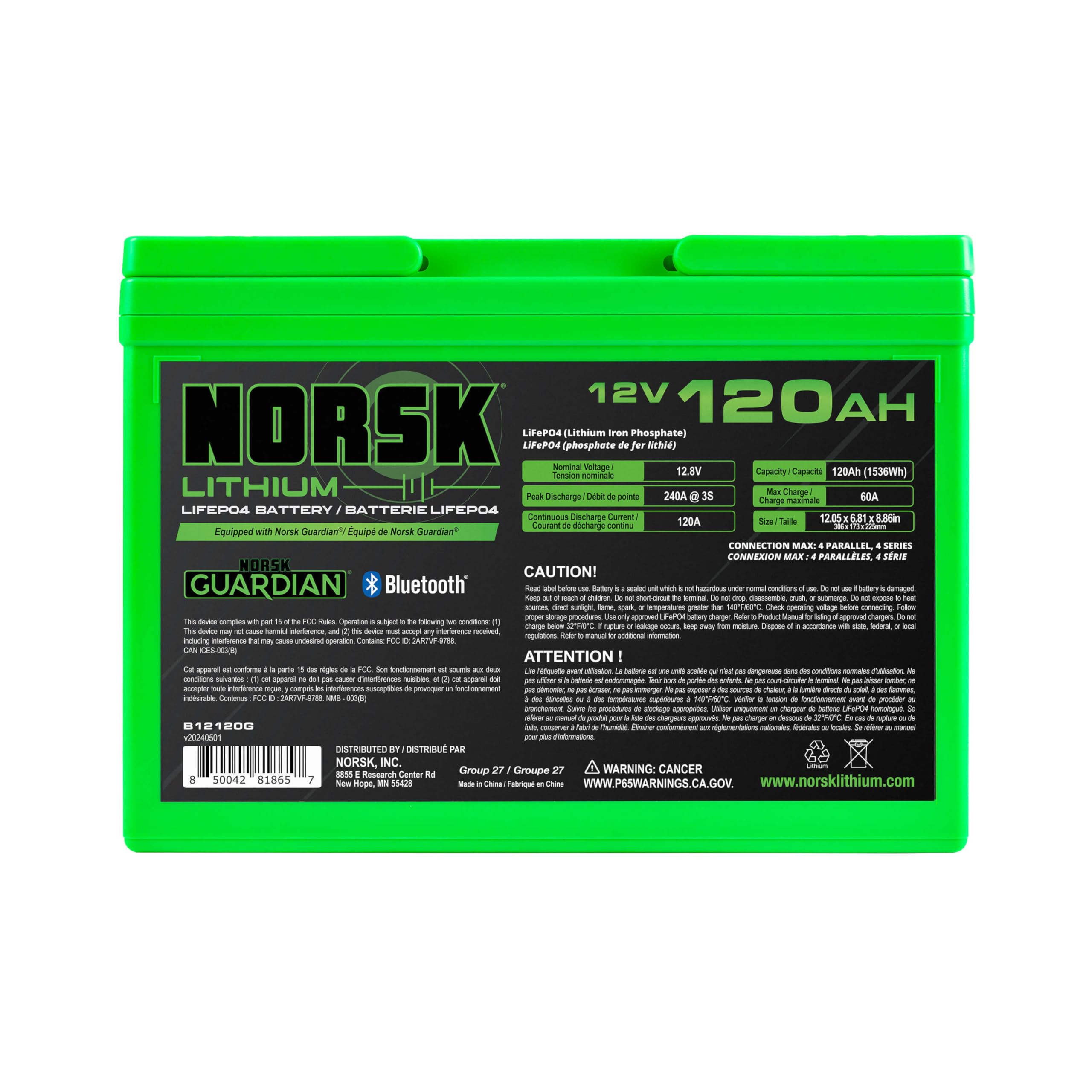Norsk Lithium 12V 120AH LiFePO4 Deep Cycle Battery | Group 27 | Bluetooth | One-Touch Power Management Button | IP67 Waterproof | Perfect for RV, Solar, Boat, Marine, Trolling Motor