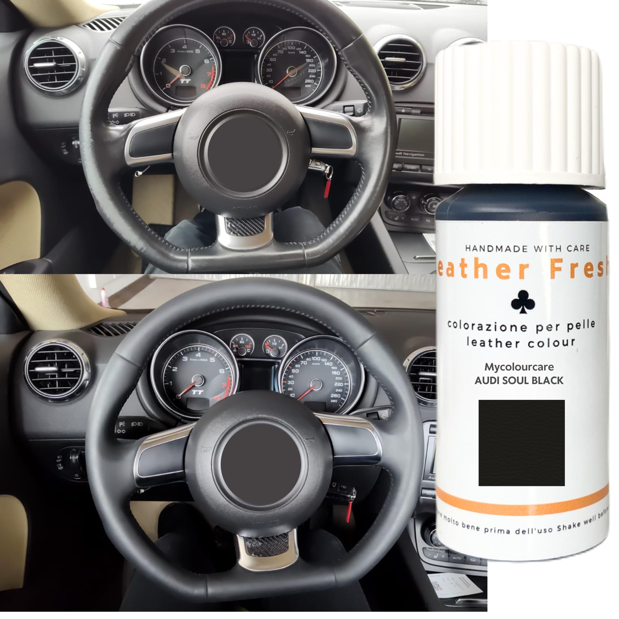 Mycolourcare Kit Ritocco Volante Nero Chiaro Soul compatibile con Audi per Pelle Ecopelle Vegan Colore Semplice Applicazione Alternativa Coprivolante, vernice 3 in 1