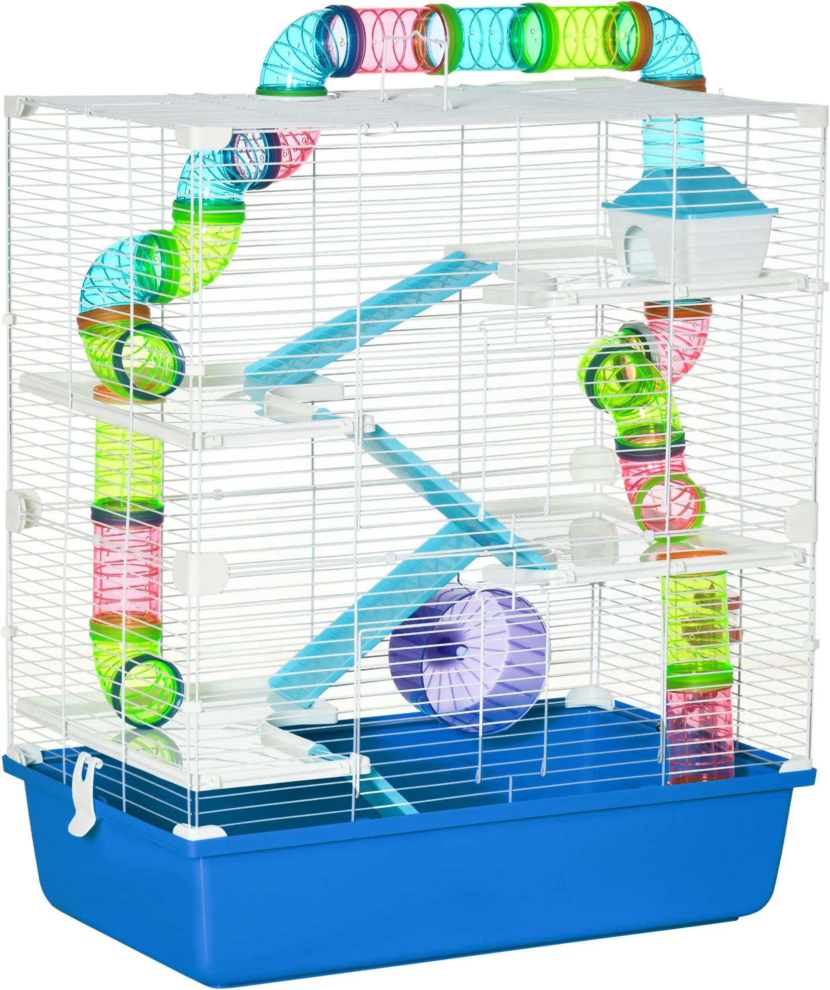 PawHut Hamster Cage w/Water Bottle, Exercise Wheel, Tubes, Ramps - Blue