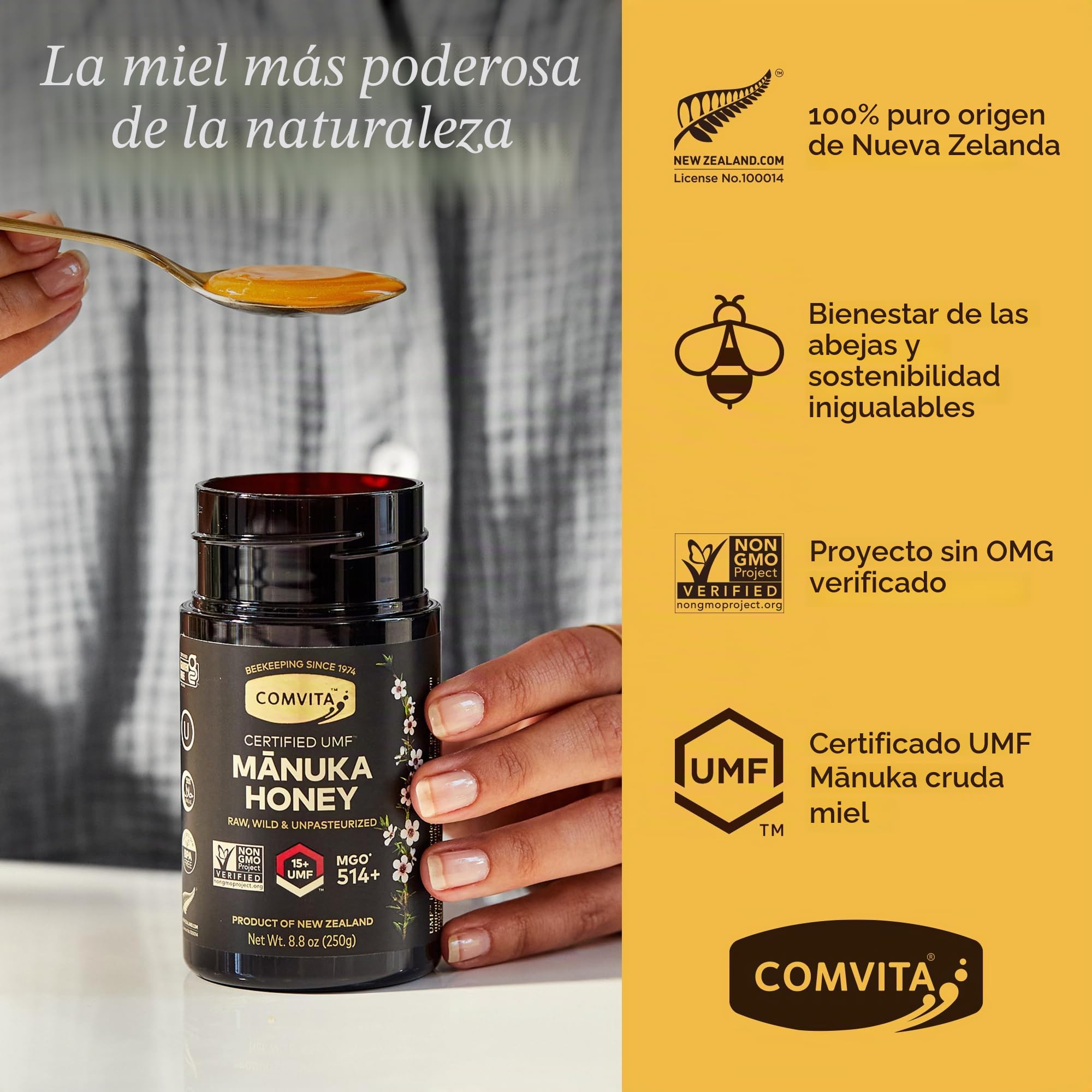 Comvita - Miel de Manuka UMF 15+ - 250 g - No contiene Huevo Ni Lactosa - Propiedades Antioxidantes y Digestivas - Sabor Muy Dulce - Miel de Nueva Zelanda