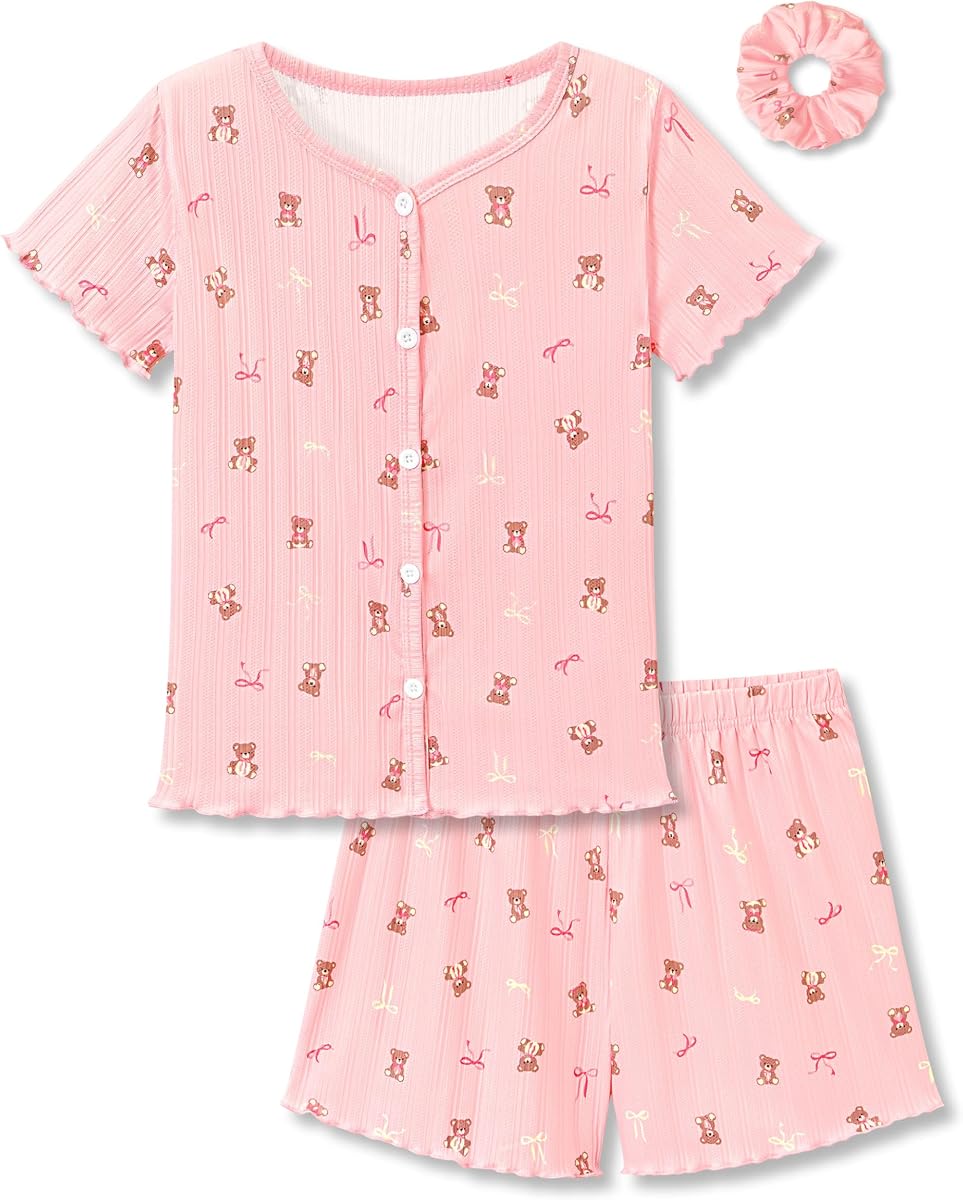 Topgal 3 PCS Girls' Pointelle Knit Button Pajamas - Floral/Cherry/Strawberry Tee Shorts Scrunchie Kids' PJS Sizes 6-18