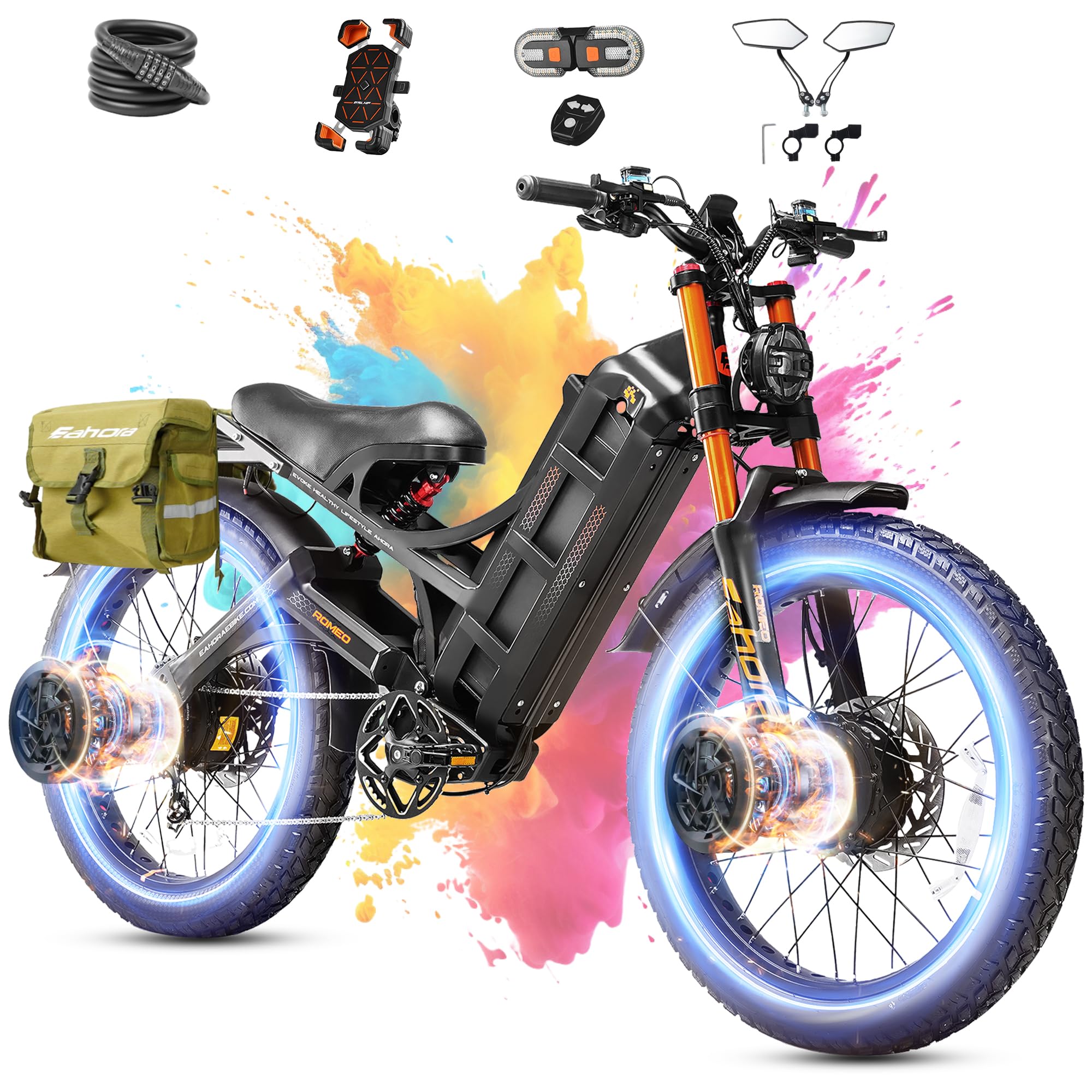 2026 eAhora Romeo Pro 3/2 52-46 Mph Electric Bike for Adults, 6000W/4000W/2500W Dual Motor Ebike 60V 80Ah/52V 70Ah Battery 235+Miles Long Range, 26*4.0"/20*4.5" Fat Tire, Full Suspension, All Terrain