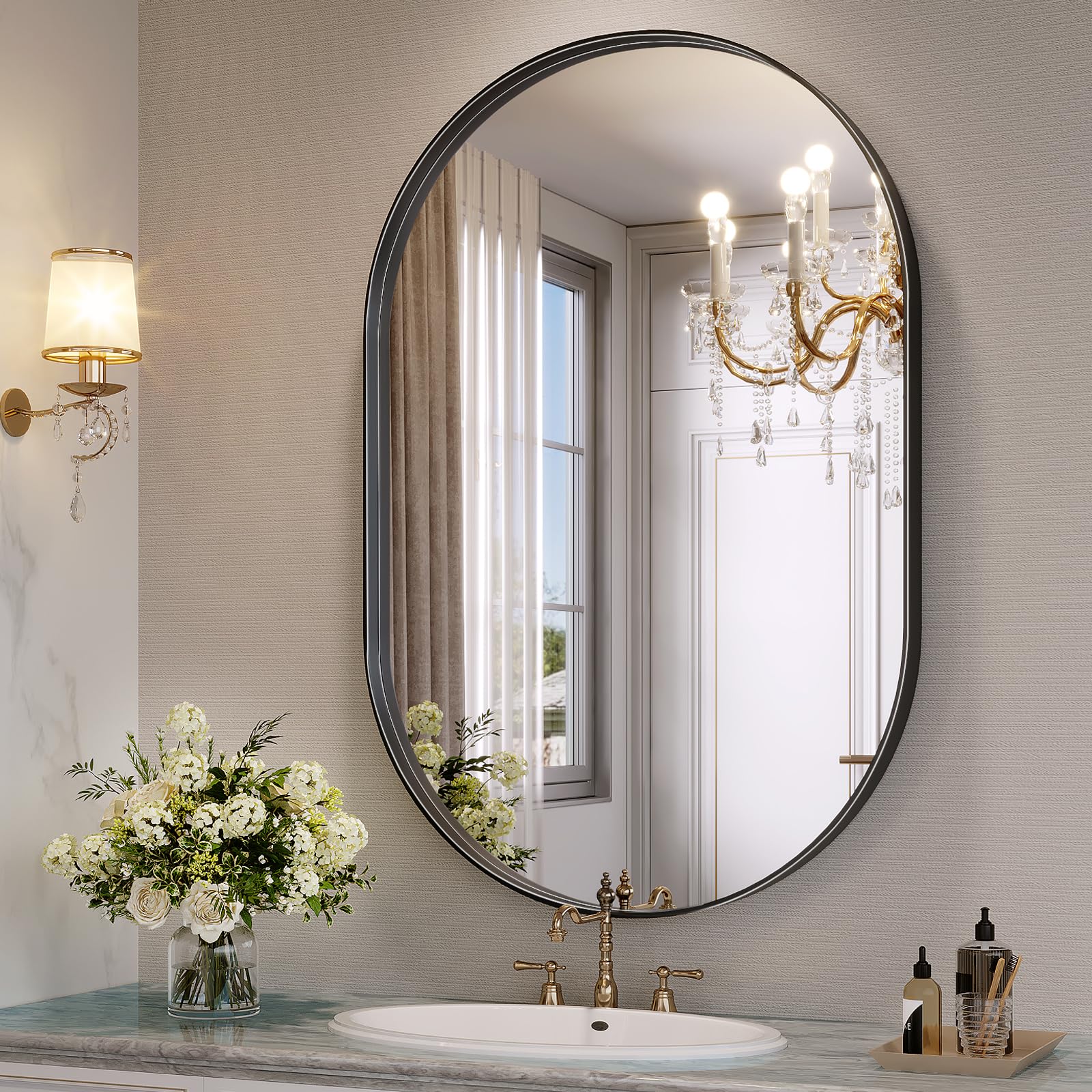 JIINGYO Black Oval Mirror for Bathroom, 20 x 30 Inch Oval Bathroom Vanity Mirror for Wall, Wall Mounted Metal Frame Mirror for Bedroom Living Room
