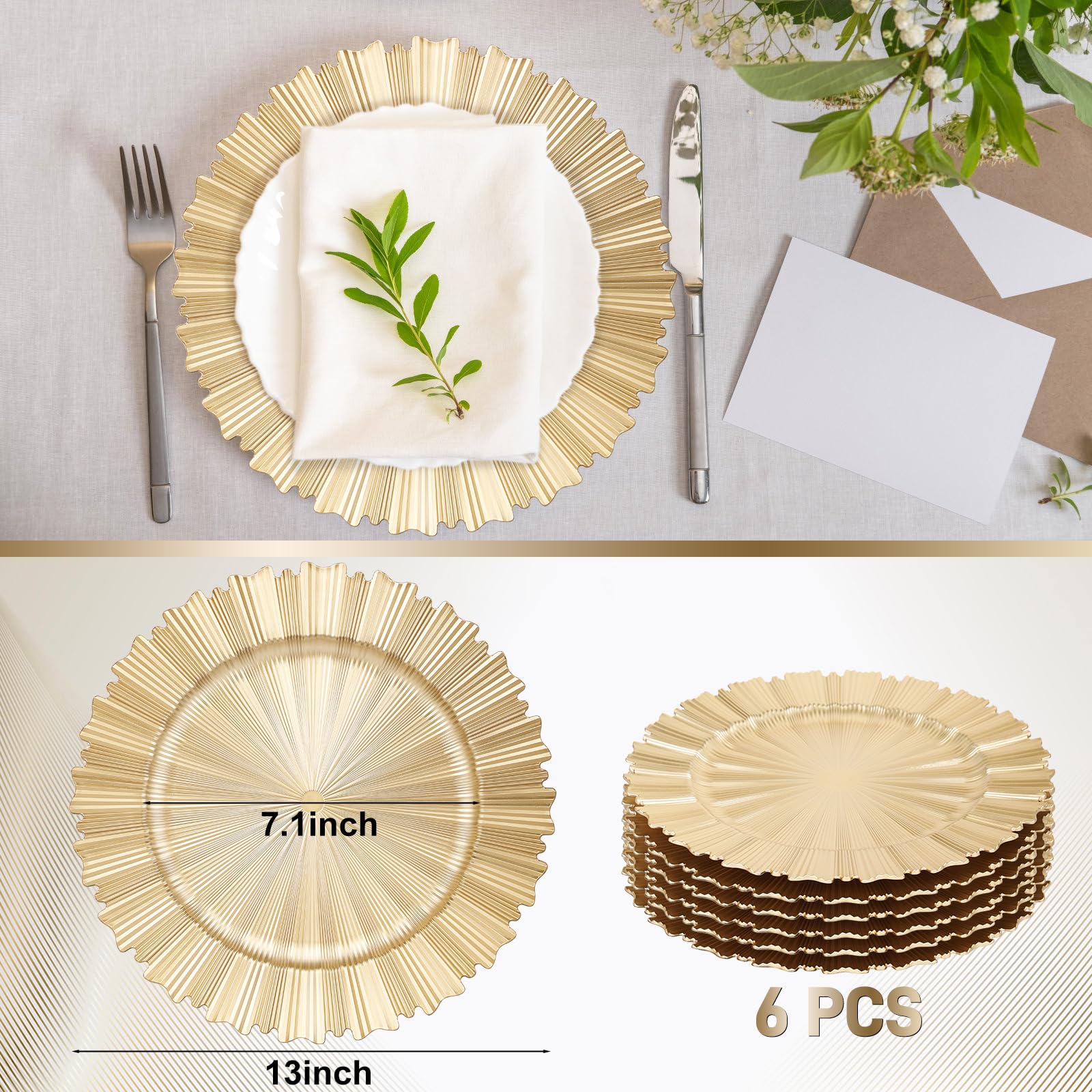 6 platos de carga dorados, 13 pulgadas, elegantes platos de plástico con borde estriado, cargadores de mesa reutilizables para cena, cumpleaños, boda, fiesta, despedida de soltera, vajilla de