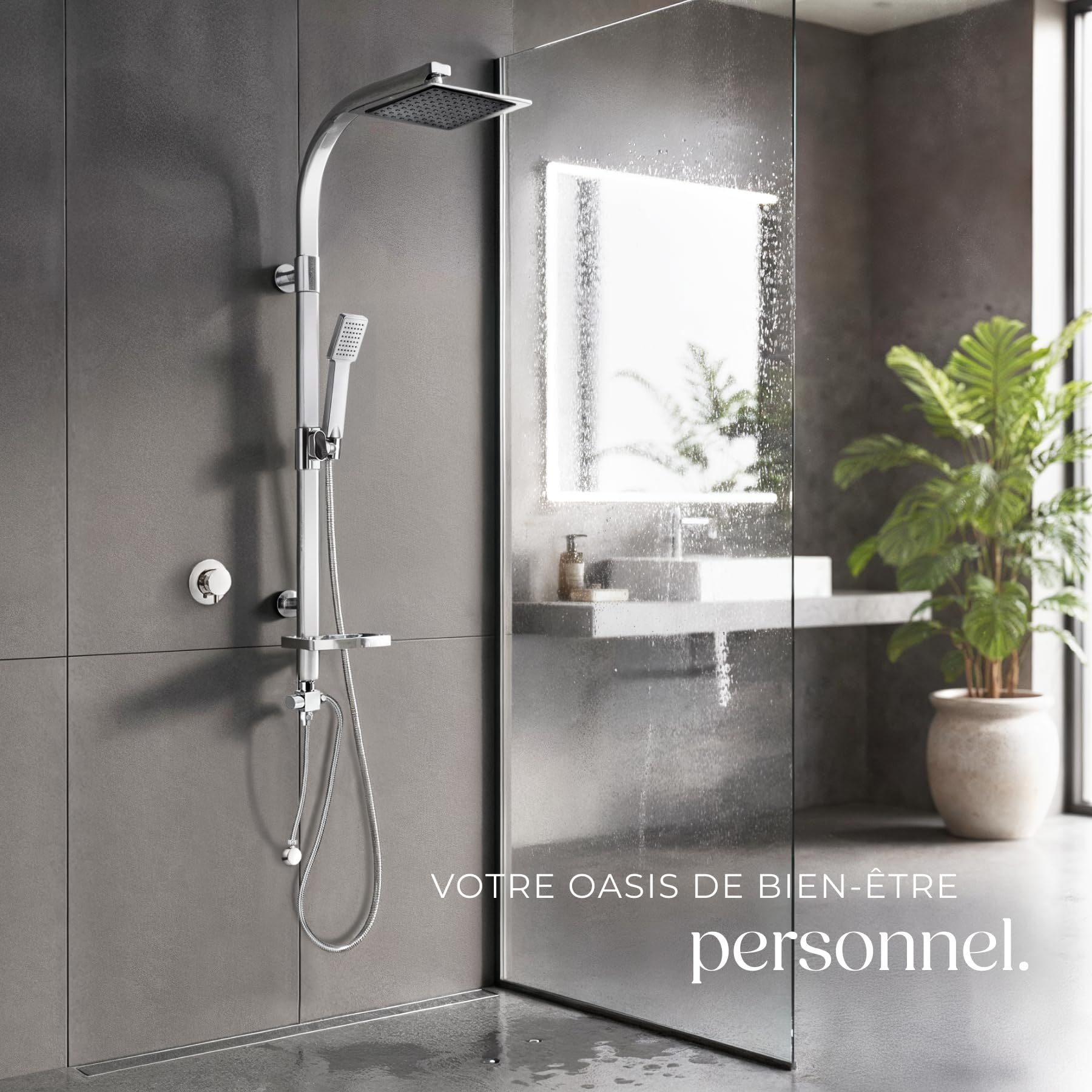 tectake® Colonne de douche 49 x 20 x 110 cm, Colonne salle de bain en Aluminium, Tete de douche et Douchette, Anti calcaire, Pommeau de douche, Effet pluie, Raccordements DIN, Baignoire, Salle de bain