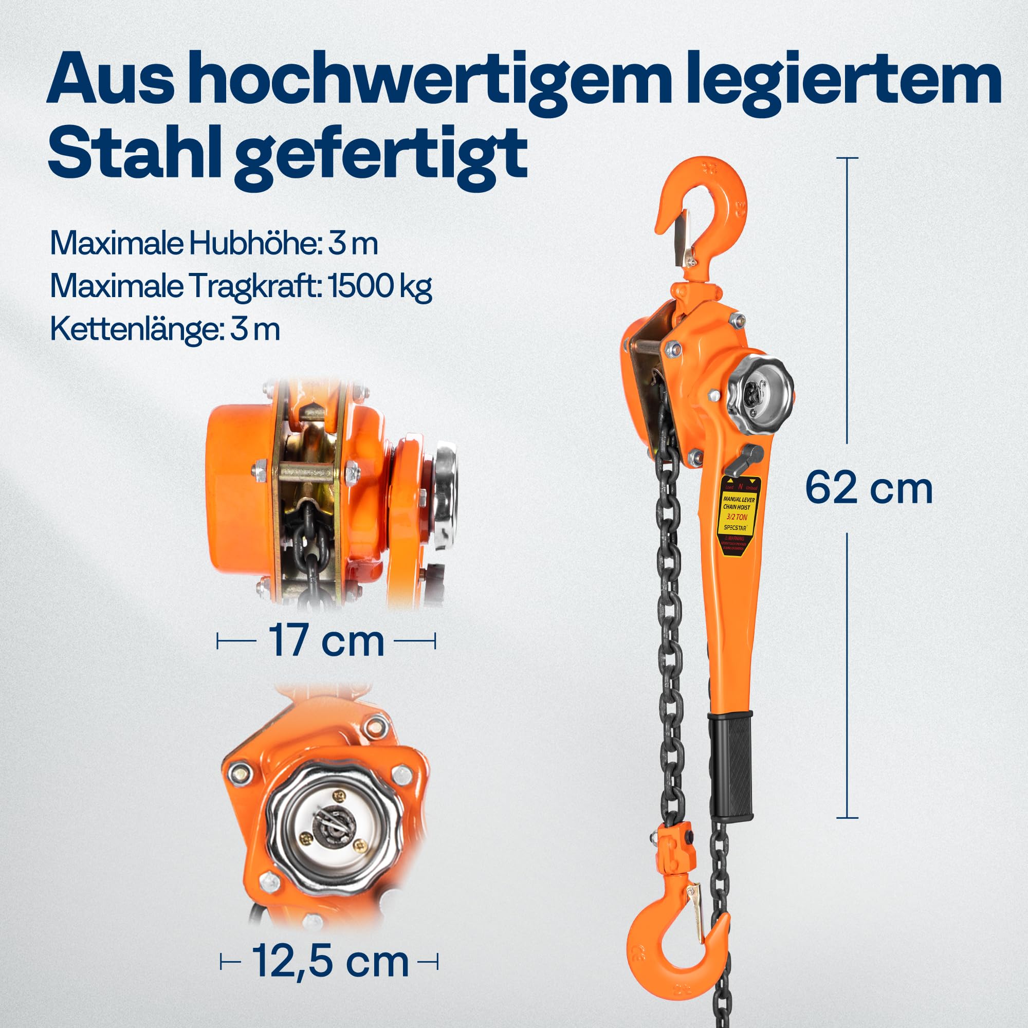 SPECSTAR Hebelzug 1500kg Manueller Kettenzug 360° drehbarer Haken G80 Manganstahl 3m Hubhöhe