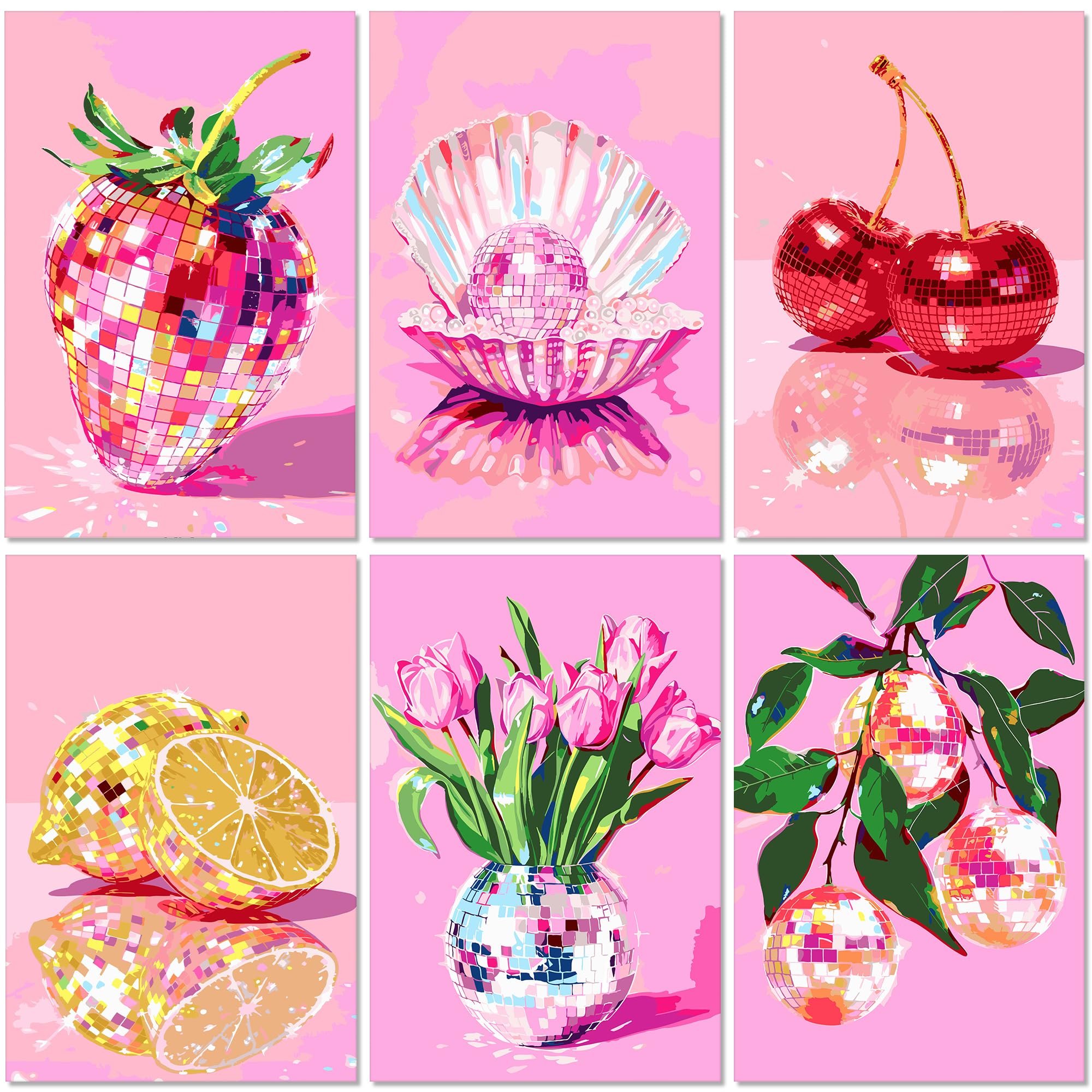 OWANVION 6 Pack Paint by Number Kits for Adult, Retro Disco Fruit Aesthetic Home Wall Decor, DIY Acrylic Oil Painting by Numbers Kits for Beginner 8x12 Inch