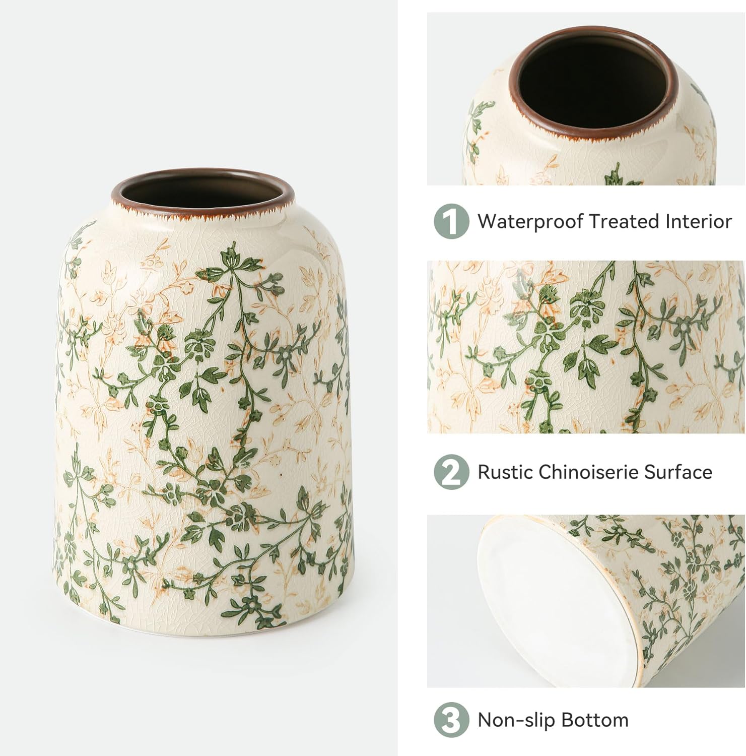 Green Vintage Vase, Chinoiserie Floral Vases, Retro Ice Cracked Ceramic Large Vases for Home Decors, Living Room, Bookshelf, Office, Grand Millennial Decor, Chinoiserie Decors, Tuscan Decor 7.8 Inch - Image 5