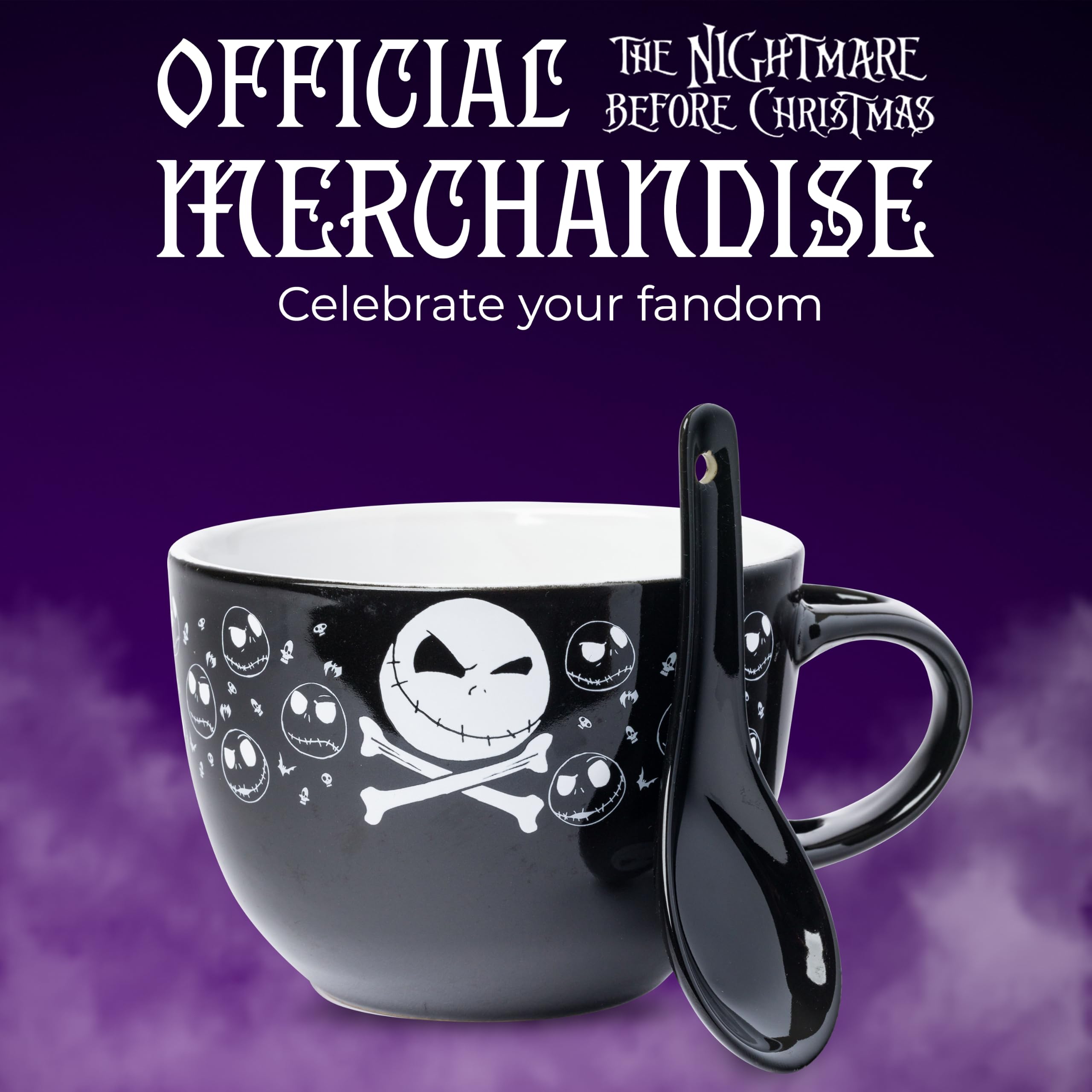 Silver Buffalo Nightmare Before Christmas Jack Cross Bones Keramik-Suppentasse mit Löffel, 680 ml | Tim Burton's, Jack Skellington, Löffel-Set, Totenköpfe, 0,71 Liter
