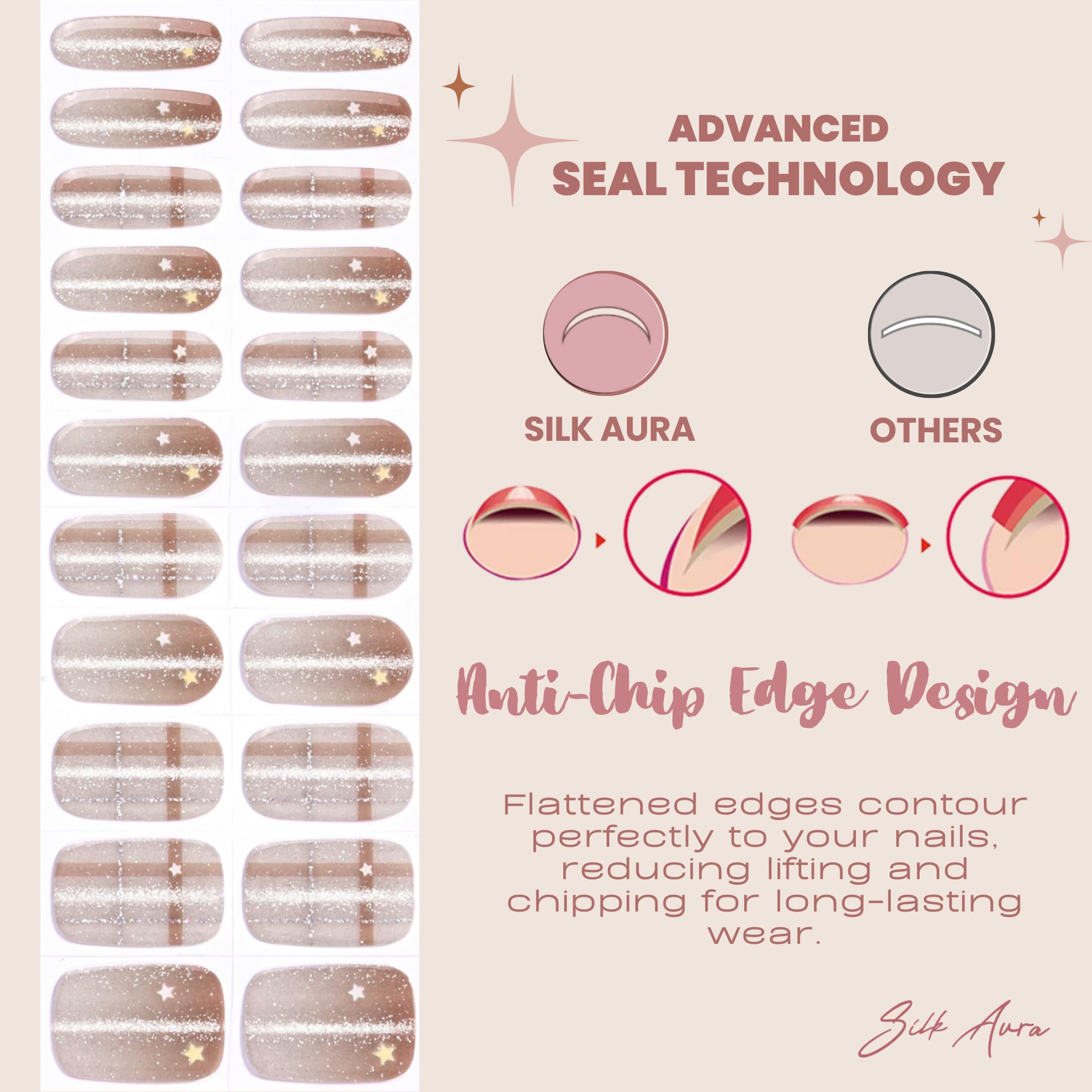 Silk Aura Pellicola autoadesiva in gel per unghie, senza raggi UV, nude glitterato, impermeabile e di lunga durata, design naturale per unghie delle dita e dei piedi