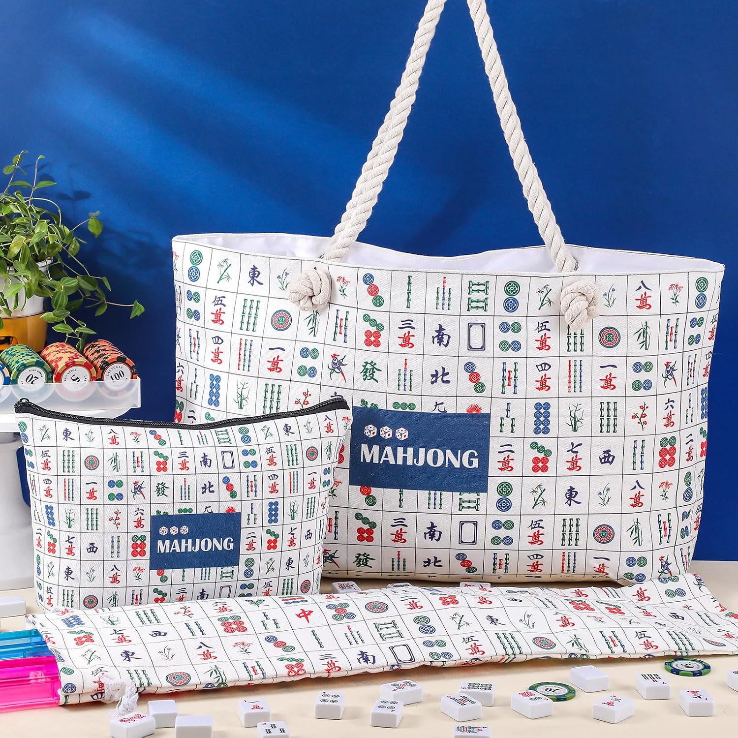 3 Pcs Mahjong Bags for Tile and Rack, Modern, Canvas, Blue image 4