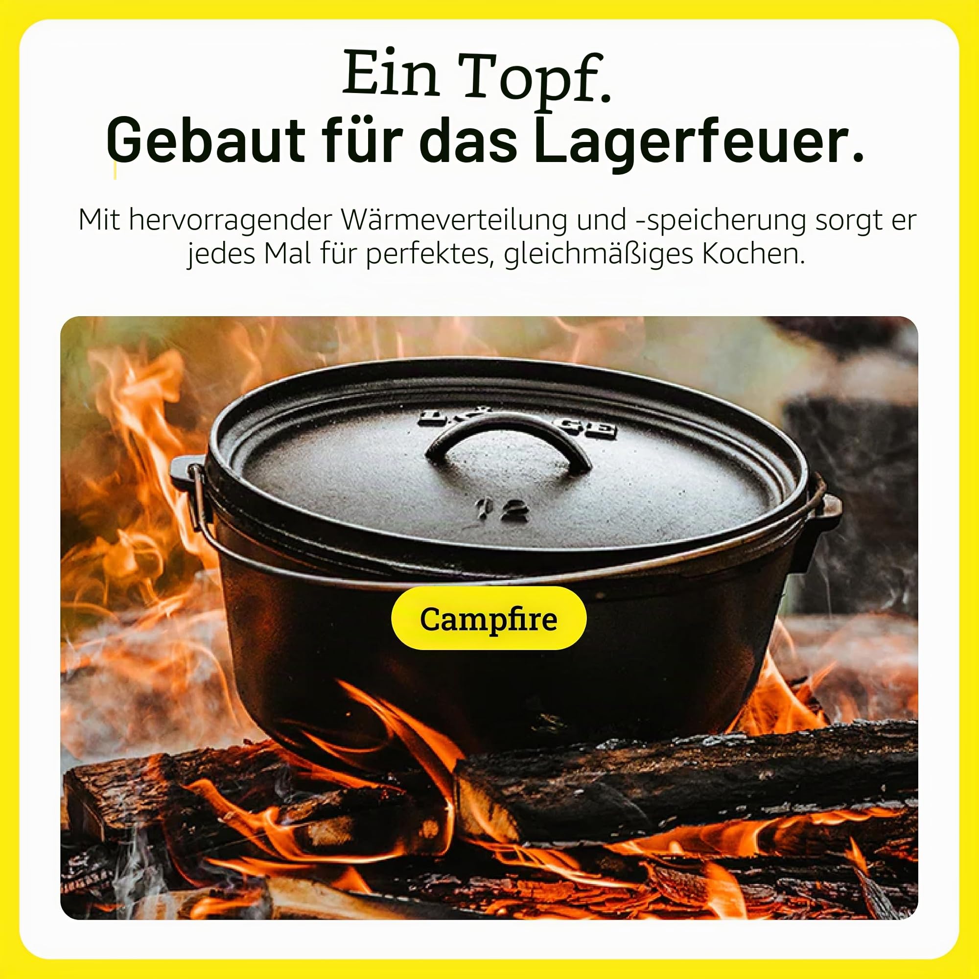 Lodge Camp Dutch Oven Classic, 30,5 cm, Gusseisen, 4 Standfüße | Feuertopf, 100% natürlich eingebrannt, für Lagerfeuer & Outdoor-Küche, schwarz, gleichmäßige Wärmeverteilung