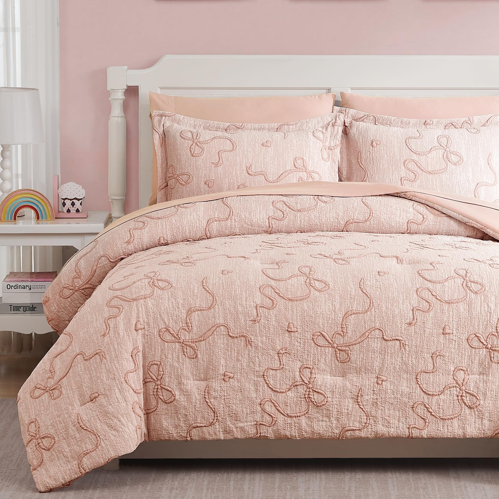 Full Size Comforter Sets for Girls - 7 Pieces Bow Bedding Set Bed in a Bag