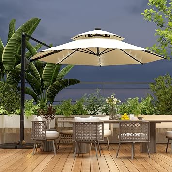 10FT Patio Umbrella with Solar Lights and Base, Large Offset Cantilever Umbrella with Lights and 360 Rotation, Beige